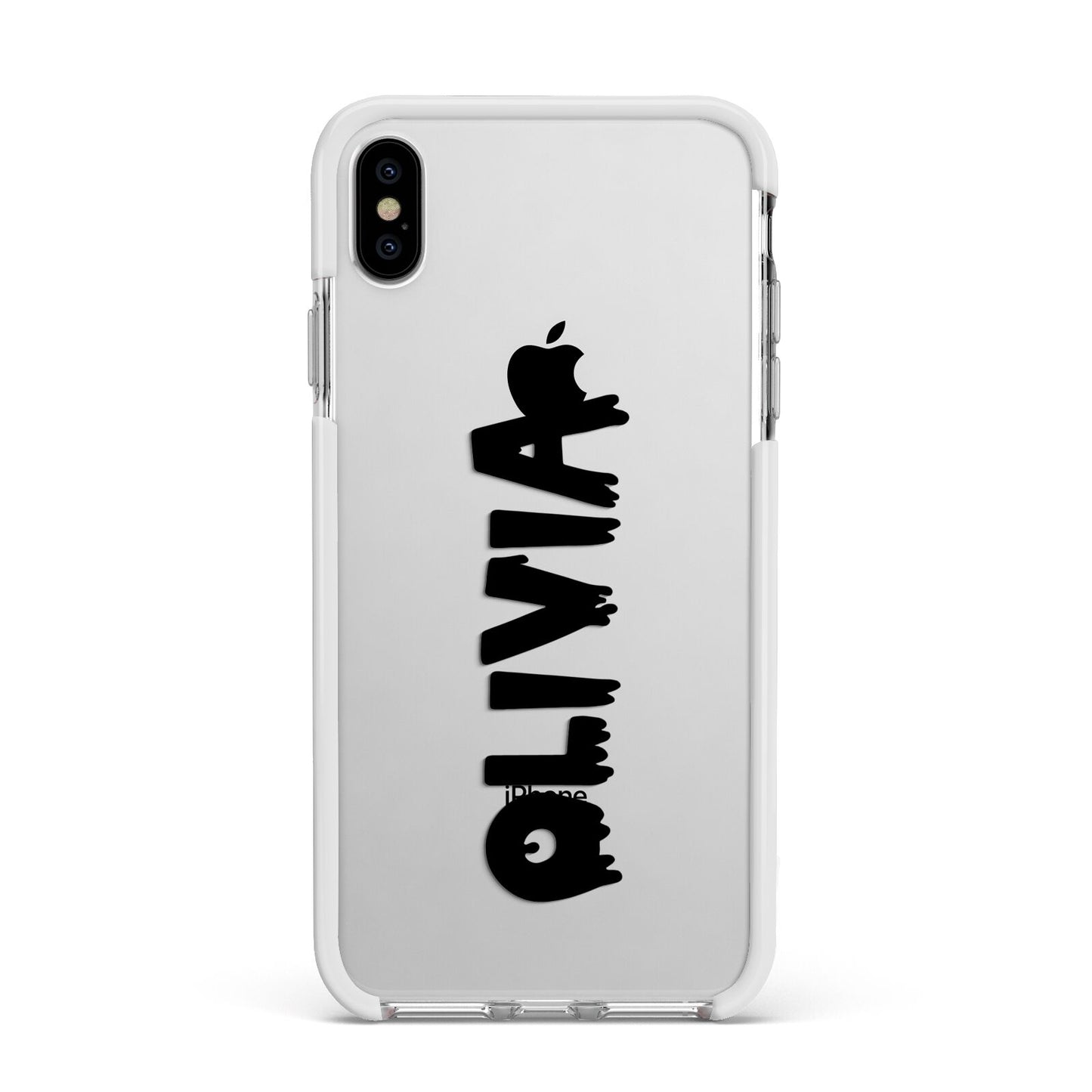 Personalised Black Slime Text Apple iPhone Xs Max Impact Case White Edge on Silver Phone