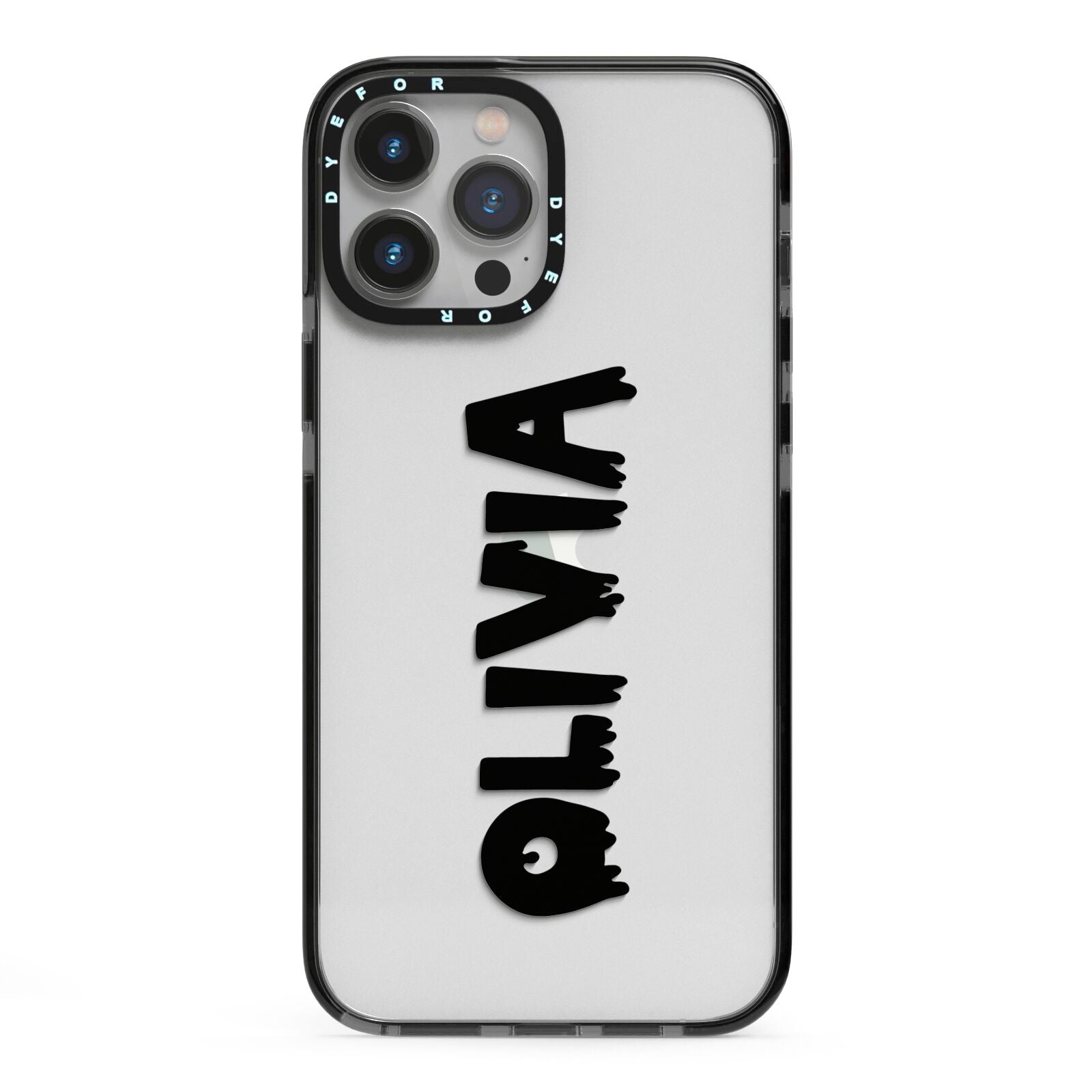 Personalised Black Slime Text iPhone 13 Pro Max Black Impact Case on Silver phone