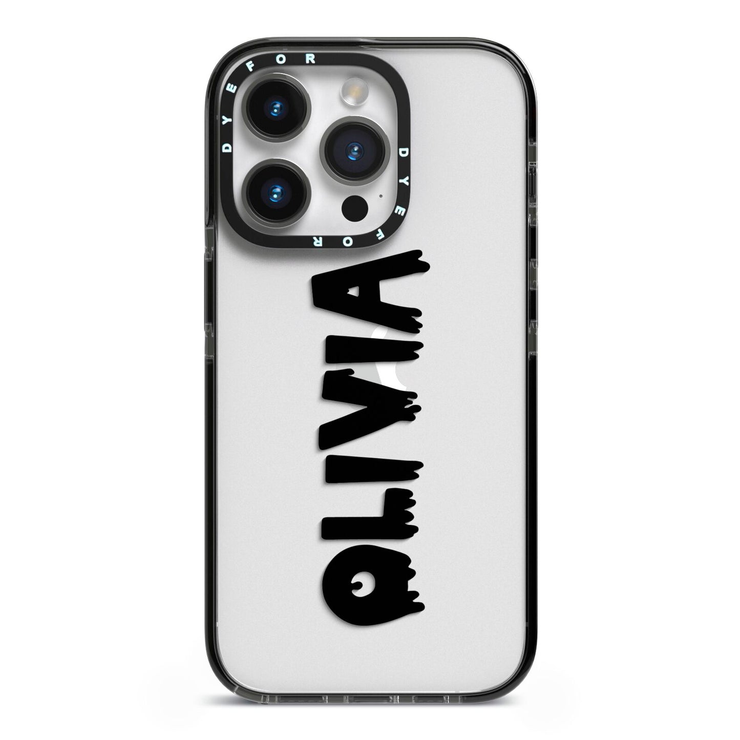 Personalised Black Slime Text iPhone 14 Pro Black Impact Case on Silver phone