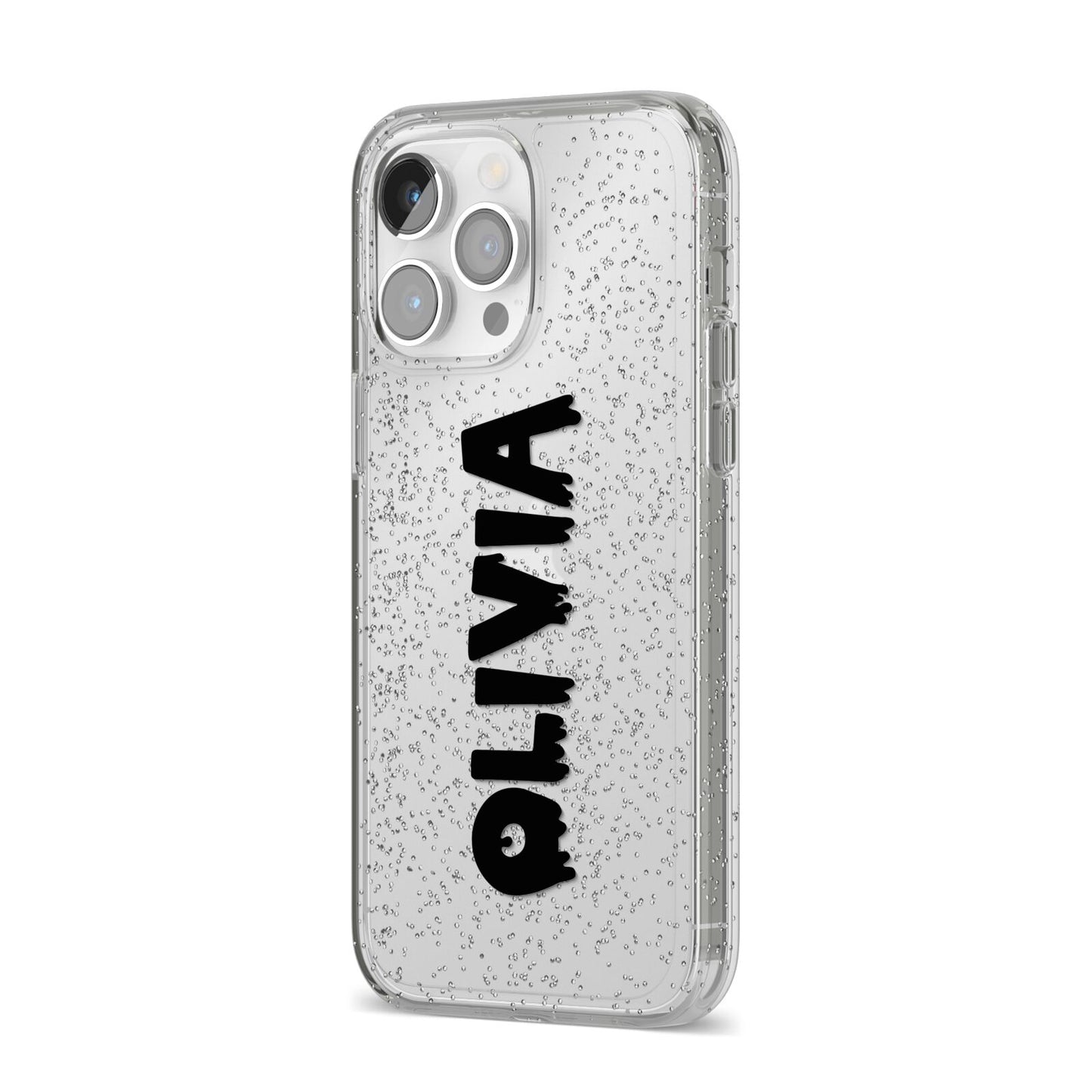 Personalised Black Slime Text iPhone 14 Pro Max Glitter Tough Case Silver Angled Image