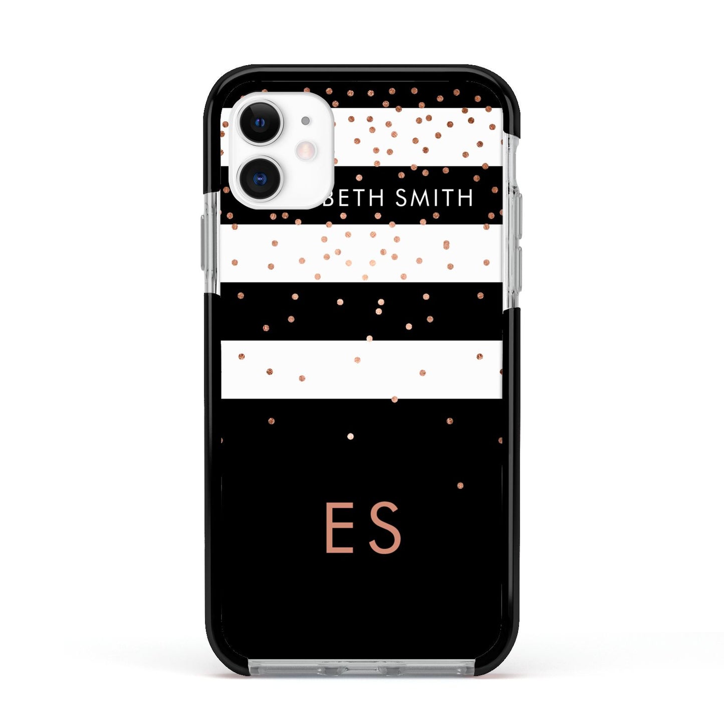 Personalised Black Striped Name Initials Apple iPhone 11 in White with Black Impact Case