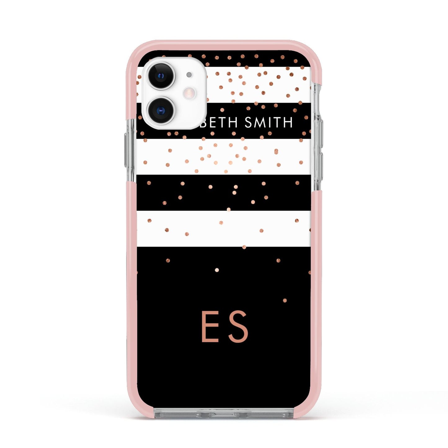 Personalised Black Striped Name Initials Apple iPhone 11 in White with Pink Impact Case