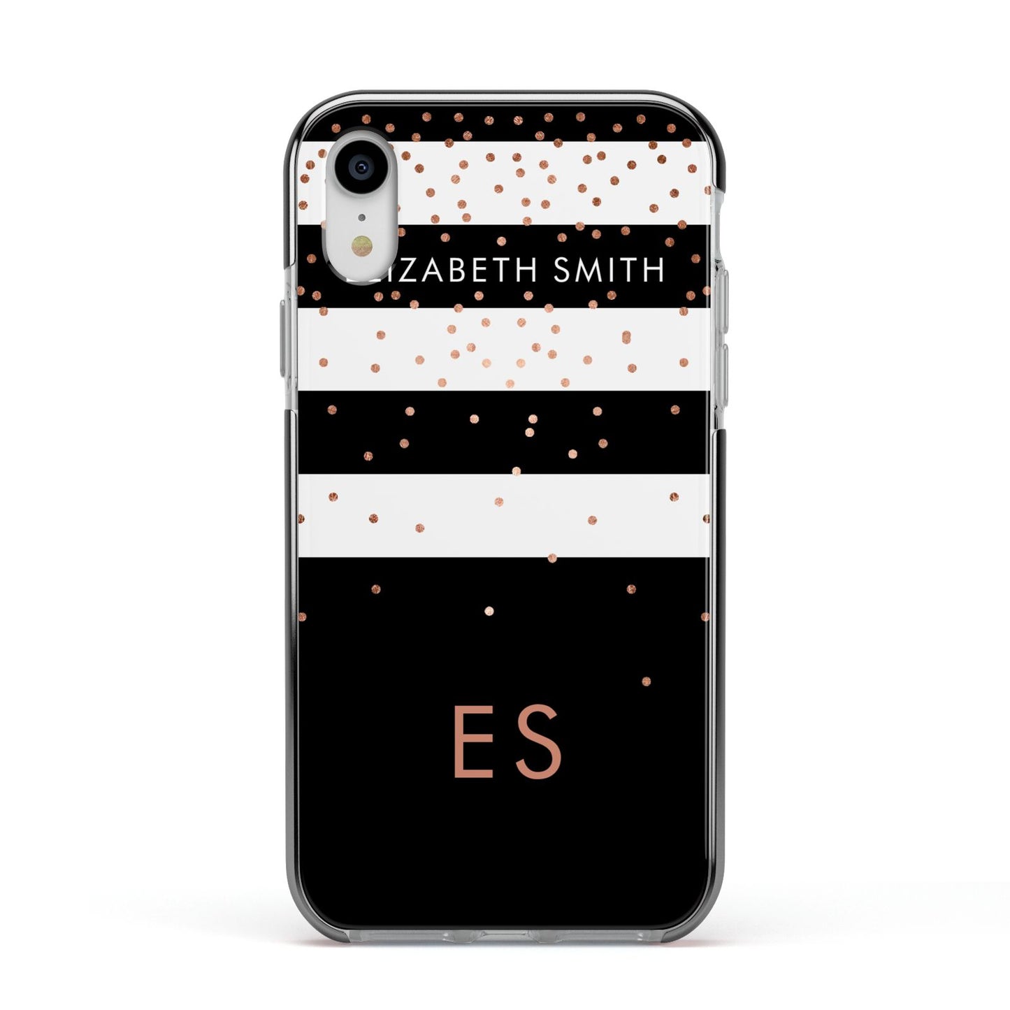 Personalised Black Striped Name Initials Apple iPhone XR Impact Case Black Edge on Silver Phone