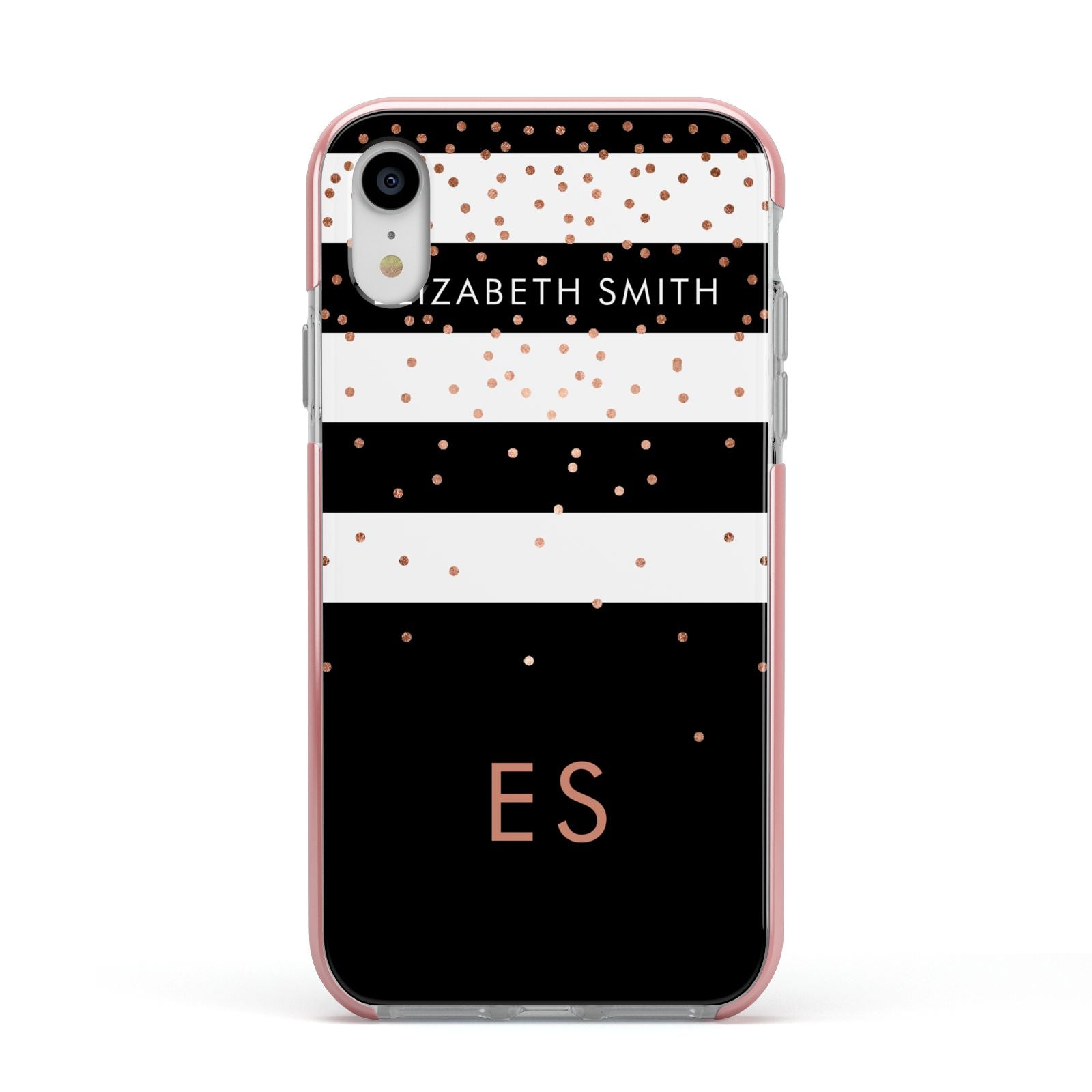 Personalised Black Striped Name Initials Apple iPhone XR Impact Case Pink Edge on Silver Phone