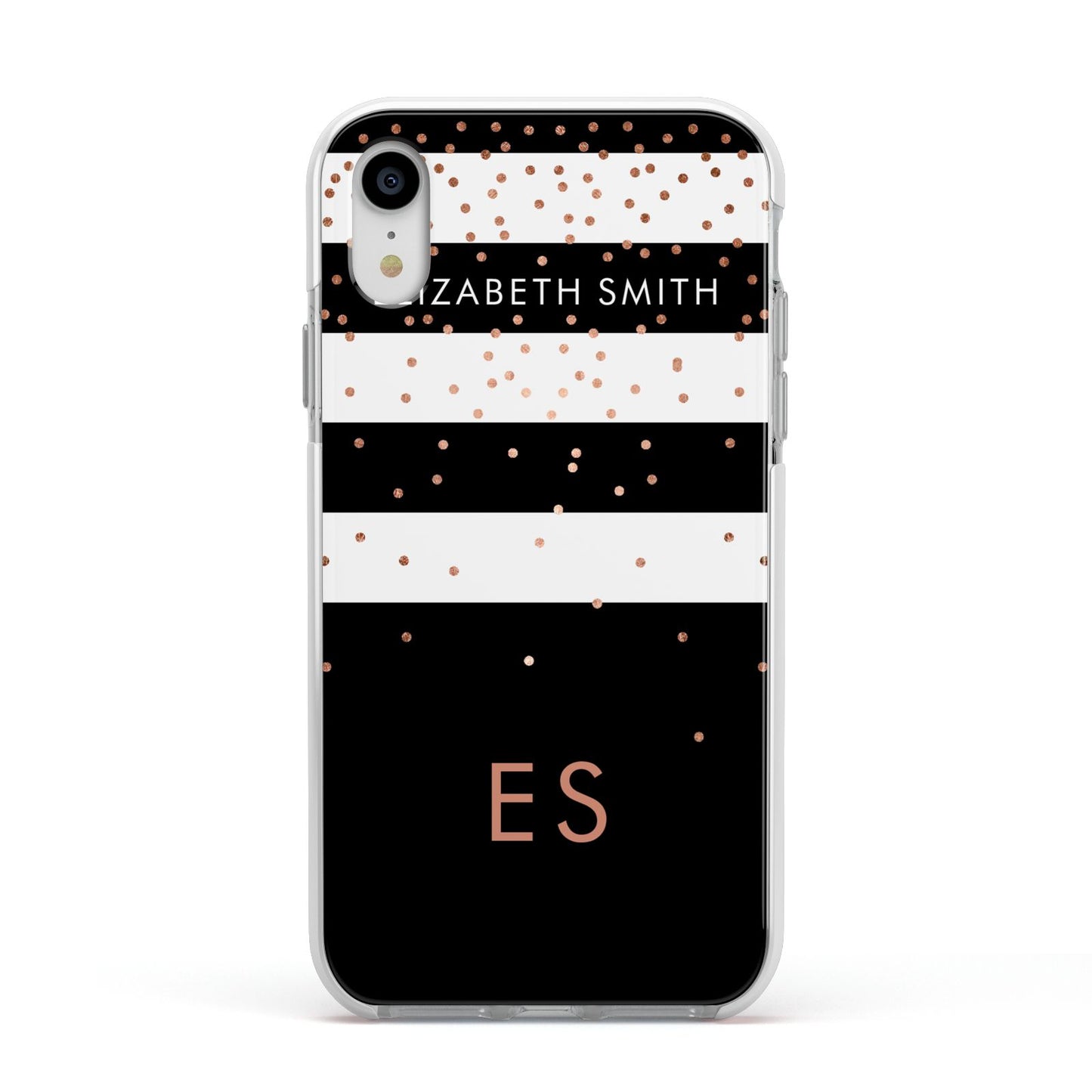 Personalised Black Striped Name Initials Apple iPhone XR Impact Case White Edge on Silver Phone