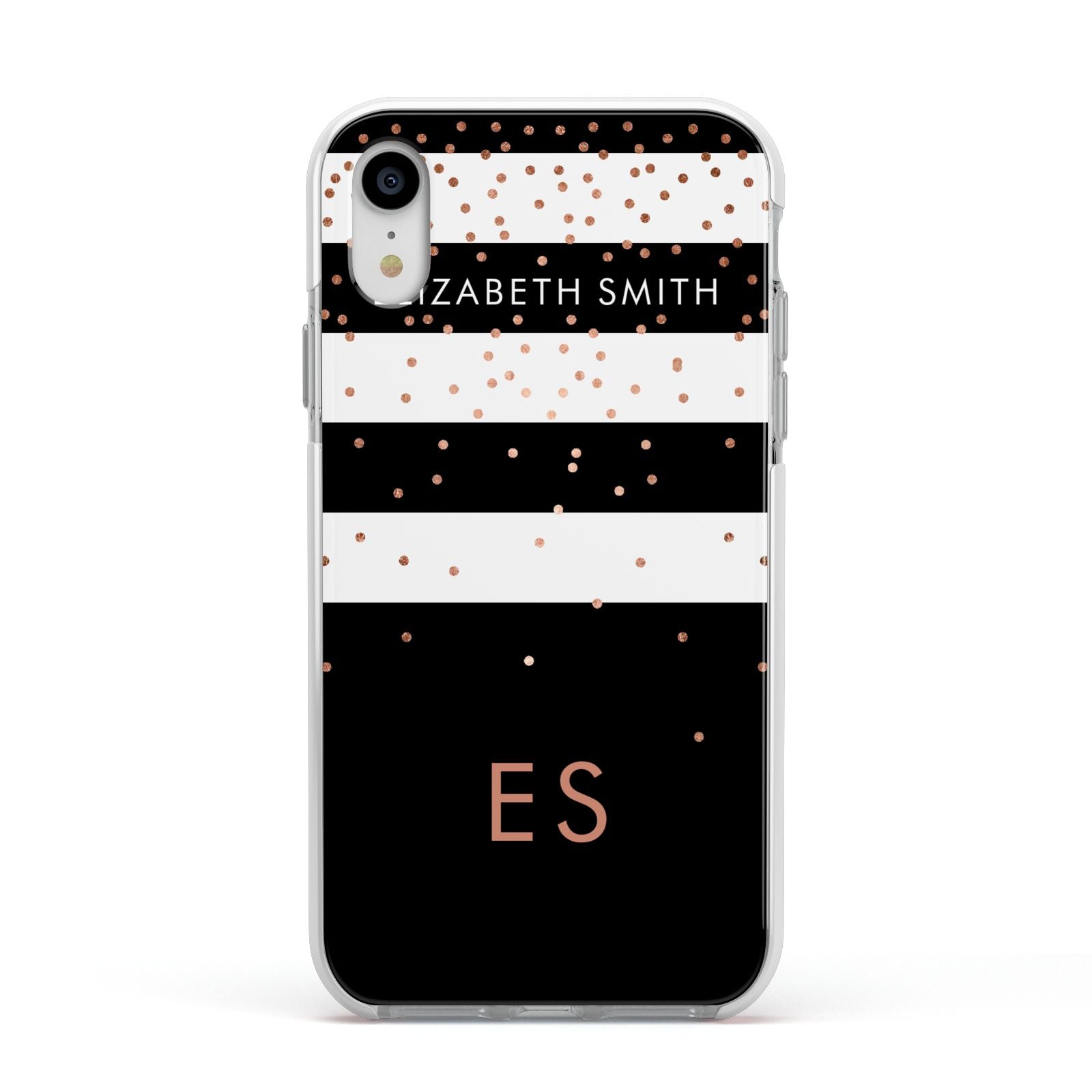 Personalised Black Striped Name Initials Apple iPhone XR Impact Case White Edge on Silver Phone