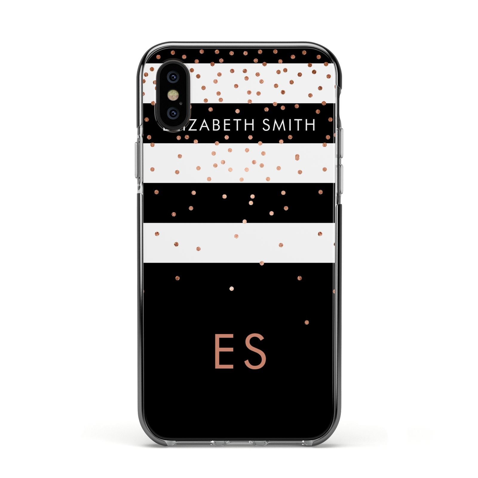 Personalised Black Striped Name Initials Apple iPhone Xs Impact Case Black Edge on Black Phone