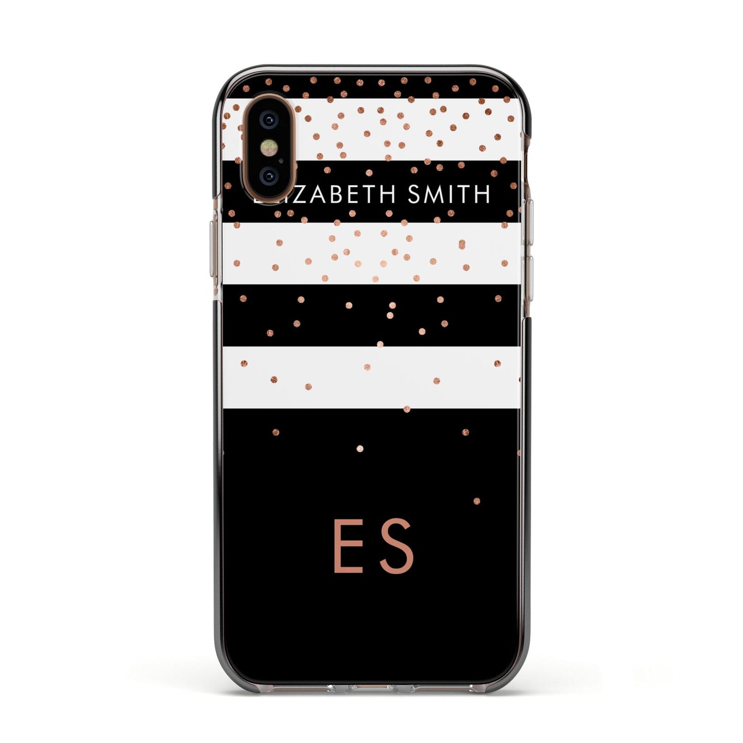 Personalised Black Striped Name Initials Apple iPhone Xs Impact Case Black Edge on Gold Phone