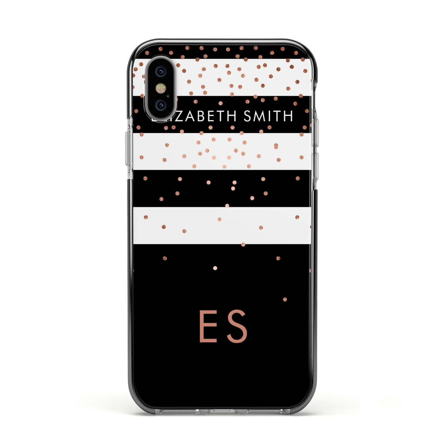 Personalised Black Striped Name Initials Apple iPhone Xs Impact Case Black Edge on Silver Phone