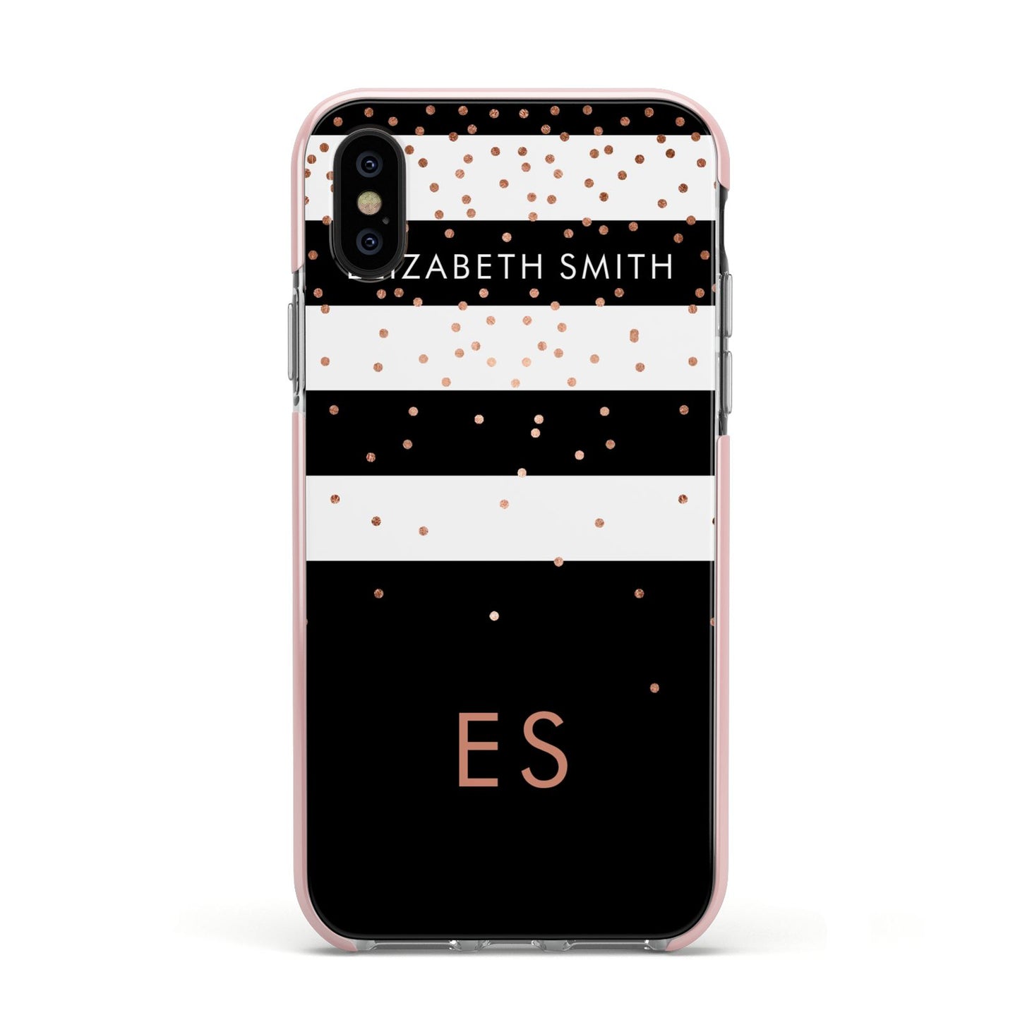 Personalised Black Striped Name Initials Apple iPhone Xs Impact Case Pink Edge on Black Phone