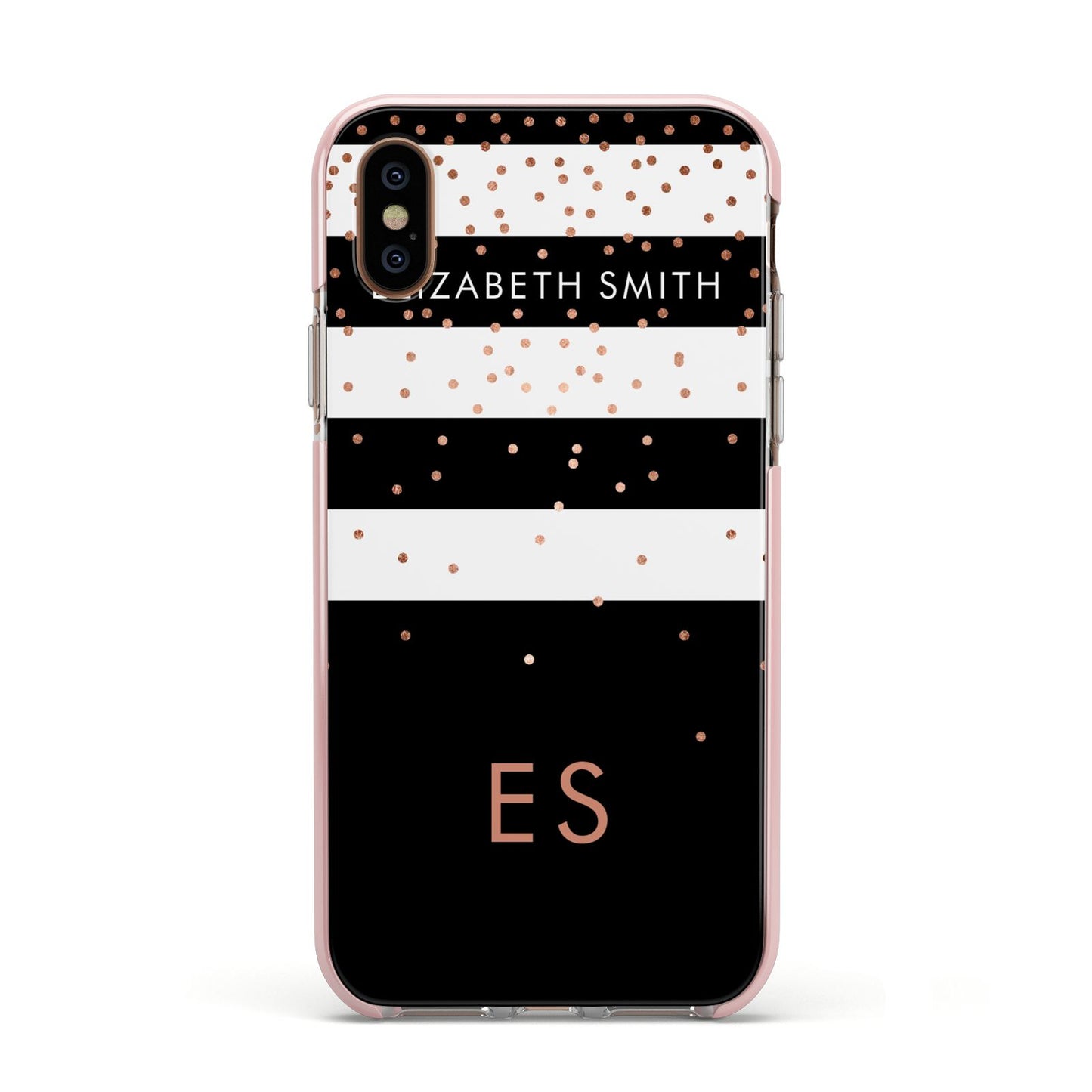 Personalised Black Striped Name Initials Apple iPhone Xs Impact Case Pink Edge on Gold Phone