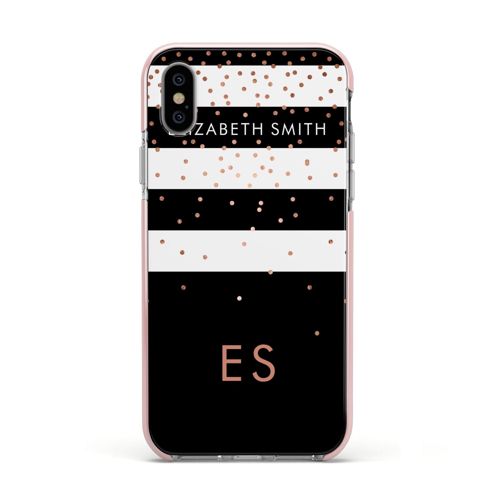 Personalised Black Striped Name Initials Apple iPhone Xs Impact Case Pink Edge on Silver Phone