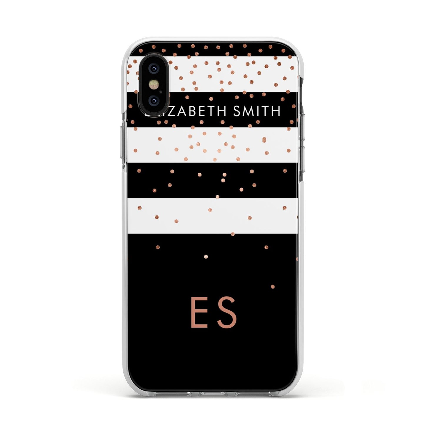 Personalised Black Striped Name Initials Apple iPhone Xs Impact Case White Edge on Black Phone