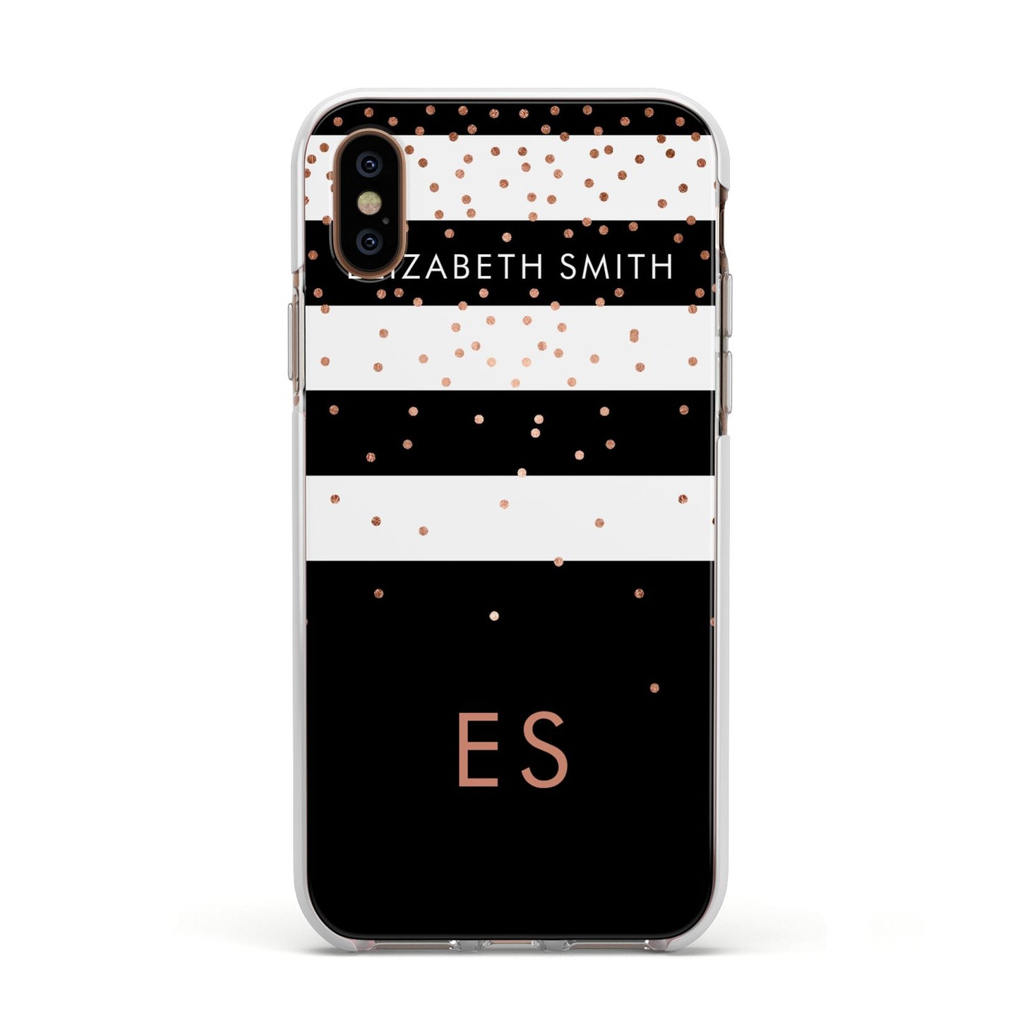 Personalised Black Striped Name Initials Apple iPhone Xs Impact Case White Edge on Gold Phone