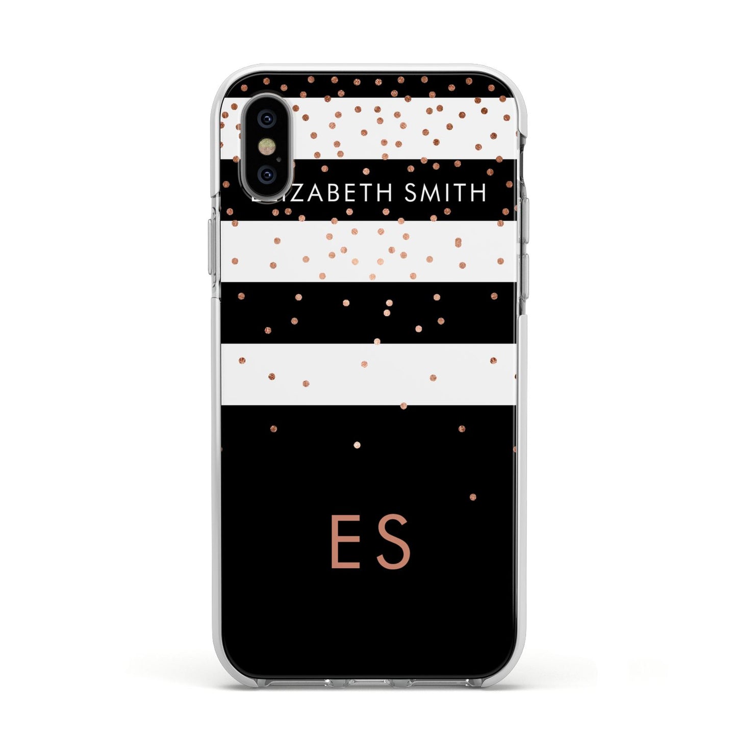 Personalised Black Striped Name Initials Apple iPhone Xs Impact Case White Edge on Silver Phone