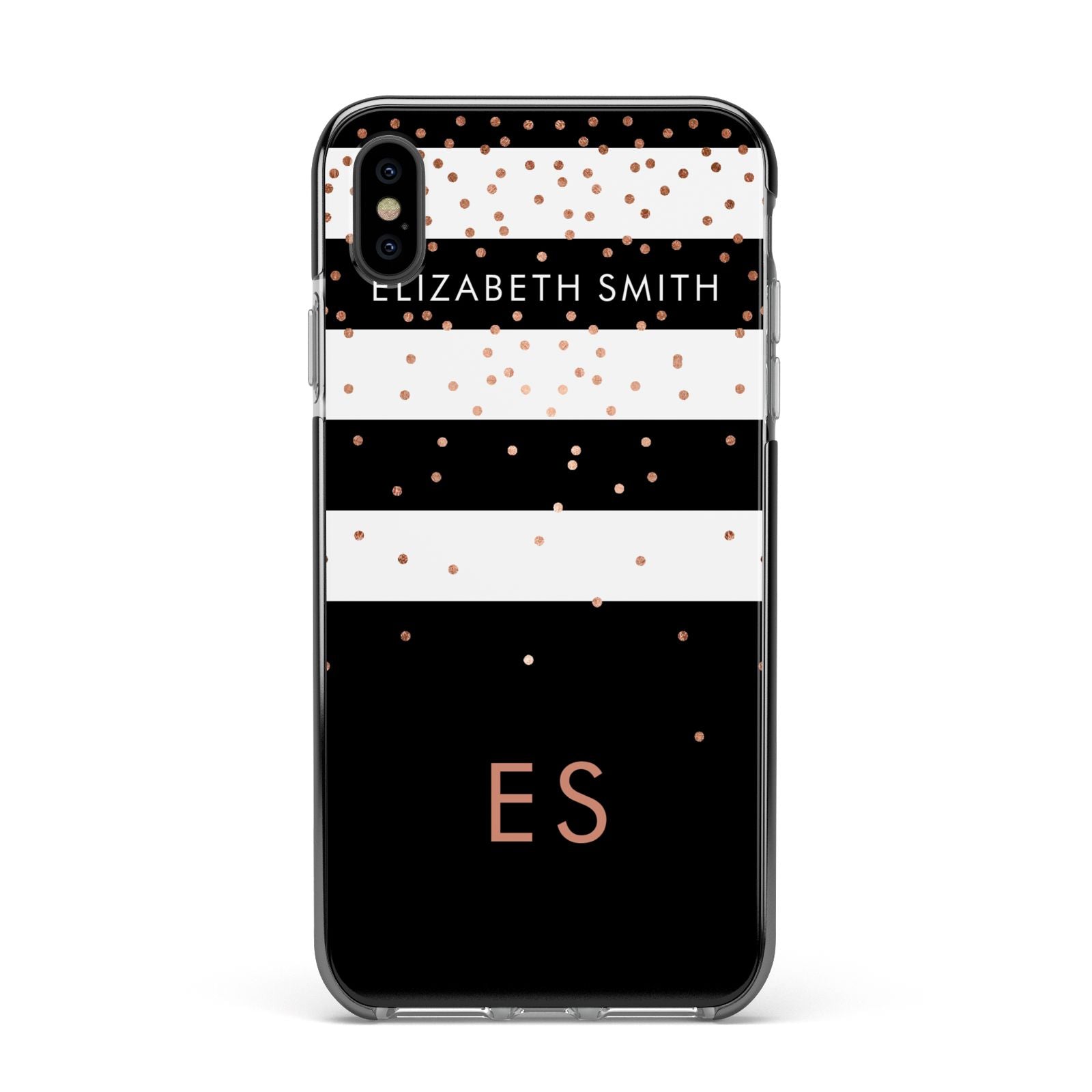 Personalised Black Striped Name Initials Apple iPhone Xs Max Impact Case Black Edge on Black Phone