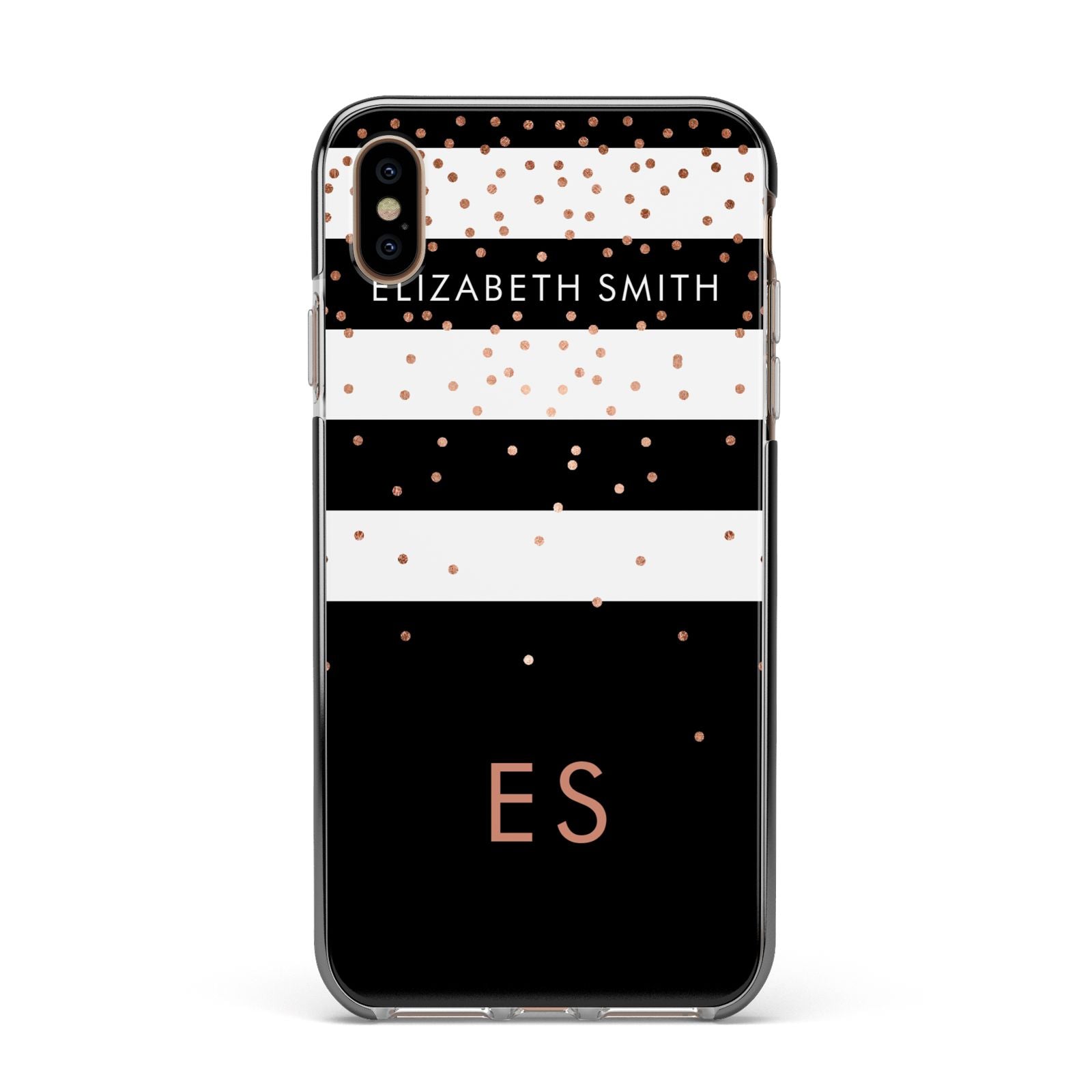 Personalised Black Striped Name Initials Apple iPhone Xs Max Impact Case Black Edge on Gold Phone