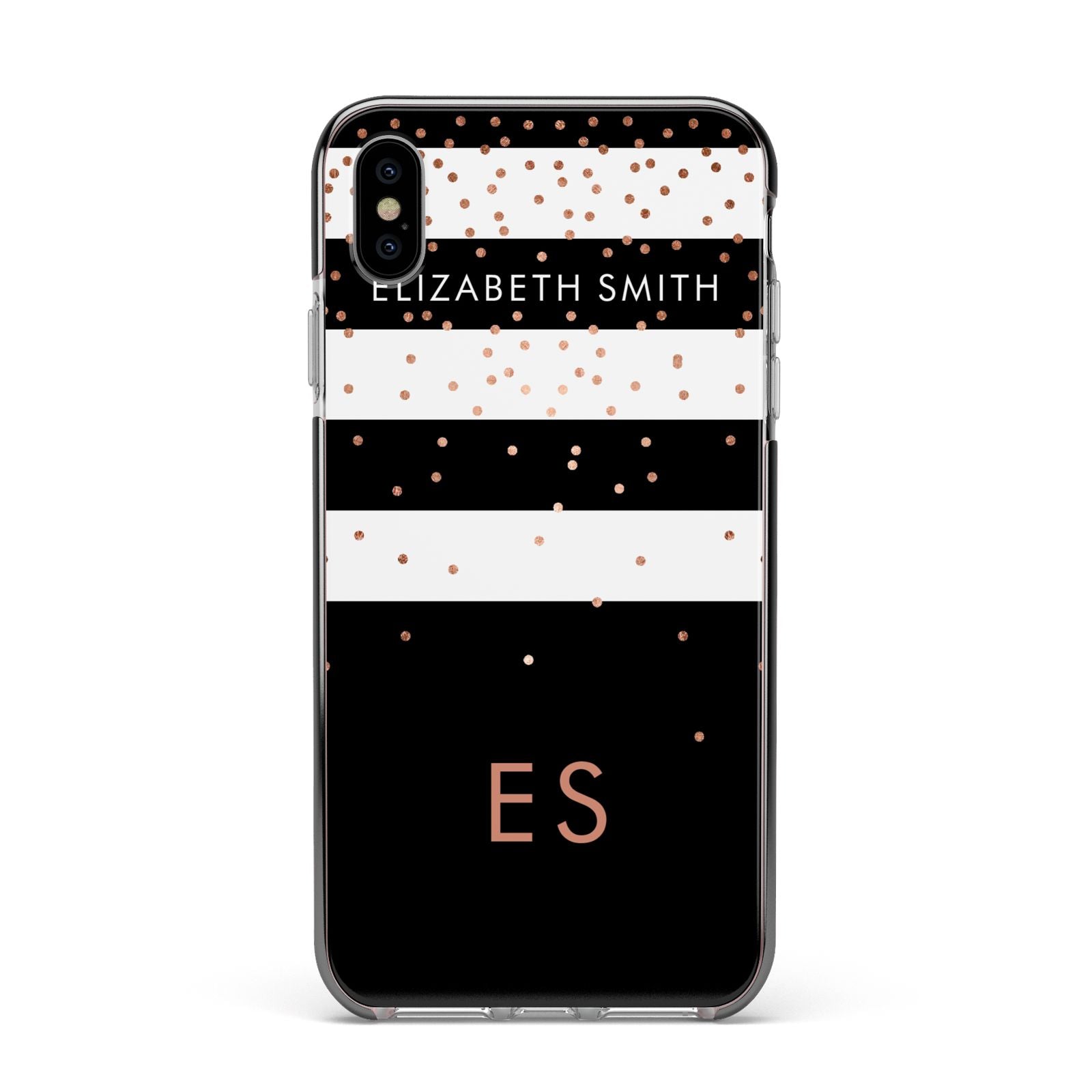 Personalised Black Striped Name Initials Apple iPhone Xs Max Impact Case Black Edge on Silver Phone