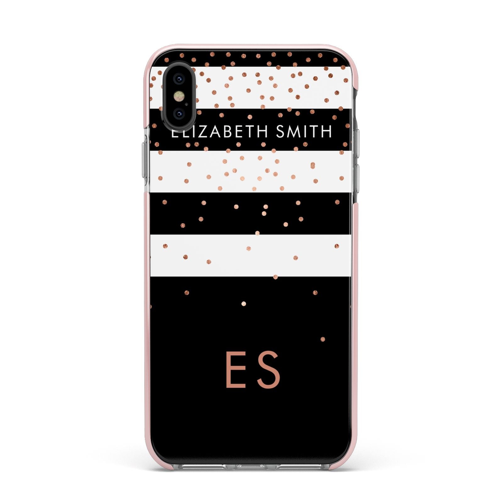 Personalised Black Striped Name Initials Apple iPhone Xs Max Impact Case Pink Edge on Black Phone