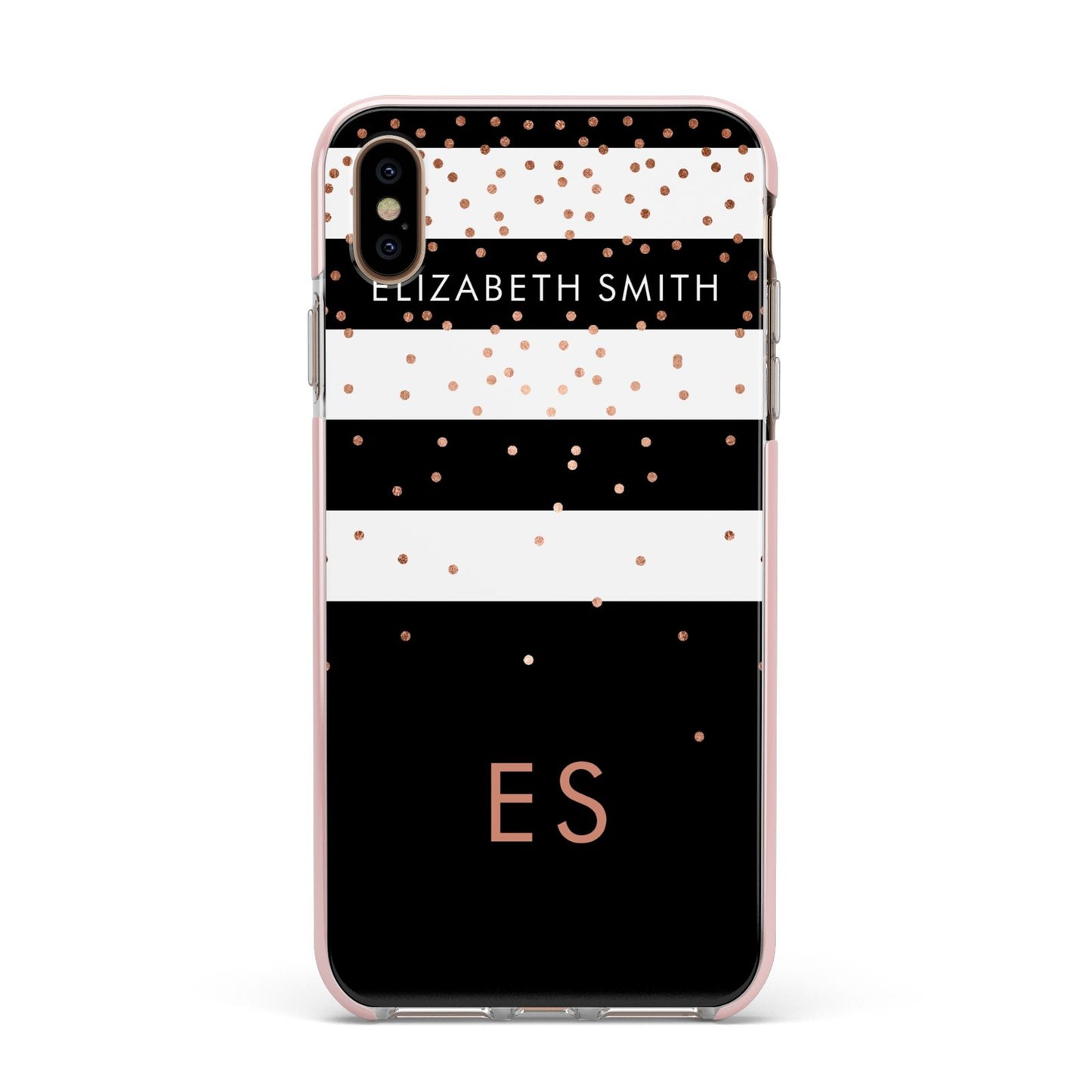 Personalised Black Striped Name Initials Apple iPhone Xs Max Impact Case Pink Edge on Gold Phone