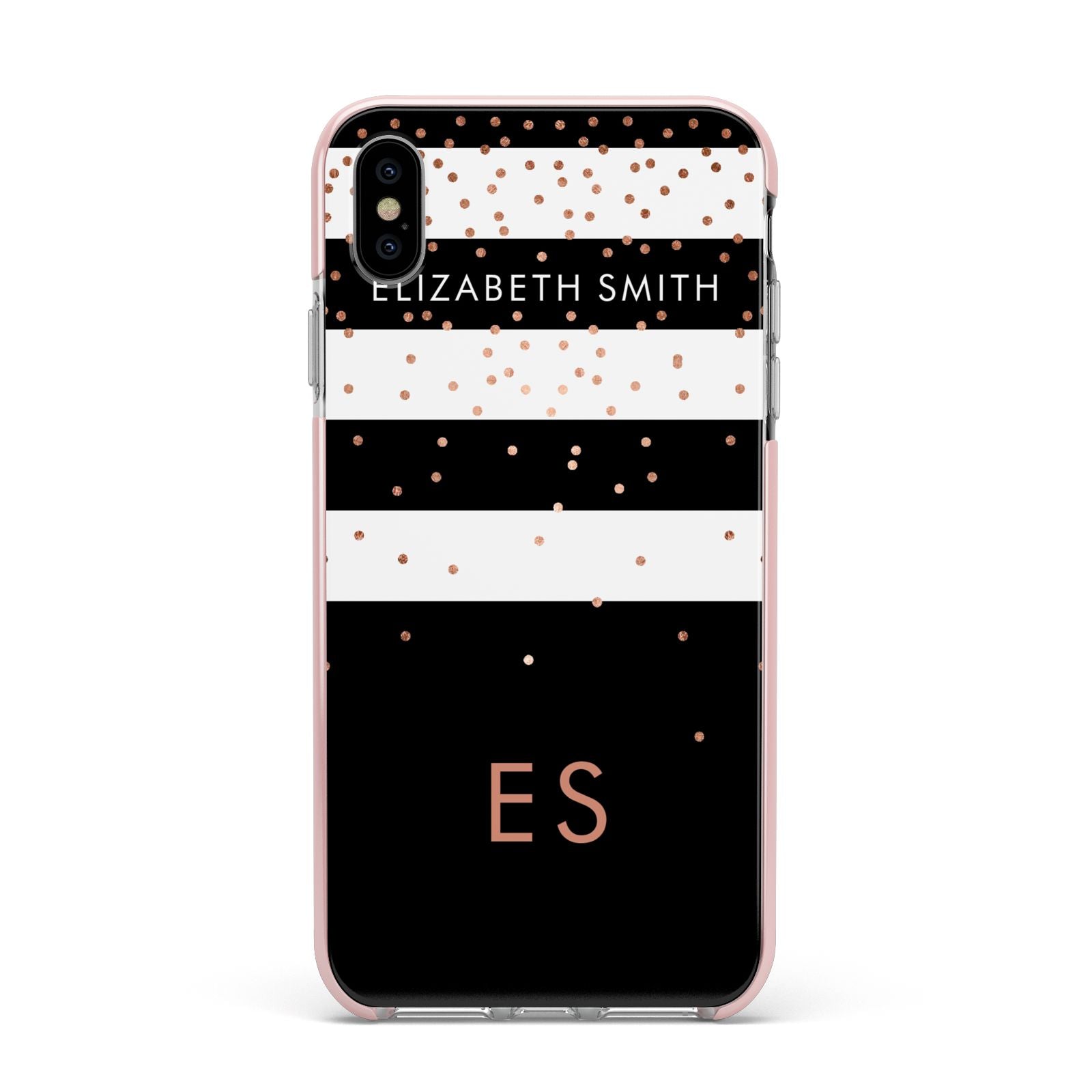 Personalised Black Striped Name Initials Apple iPhone Xs Max Impact Case Pink Edge on Silver Phone