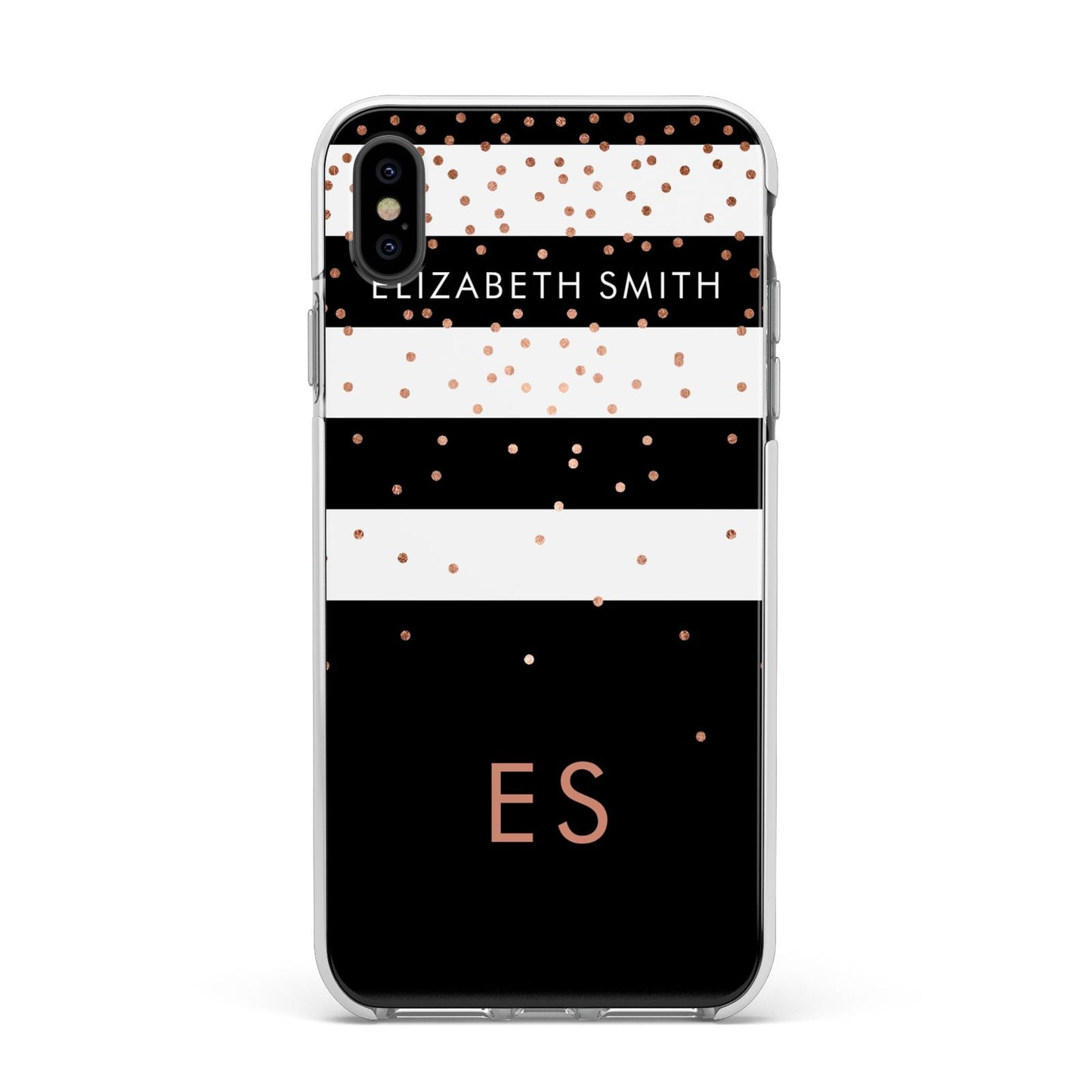 Personalised Black Striped Name Initials Apple iPhone Xs Max Impact Case White Edge on Black Phone