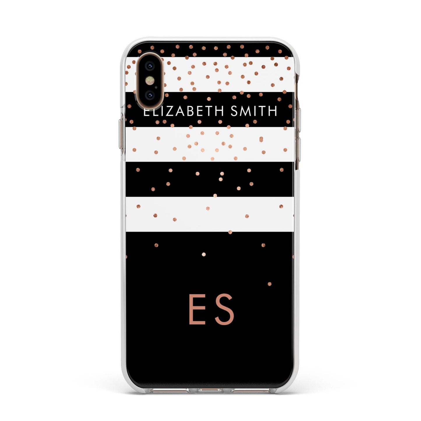 Personalised Black Striped Name Initials Apple iPhone Xs Max Impact Case White Edge on Gold Phone