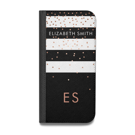 Personalised Black Striped Name Initials Vegan Leather Flip iPhone Case