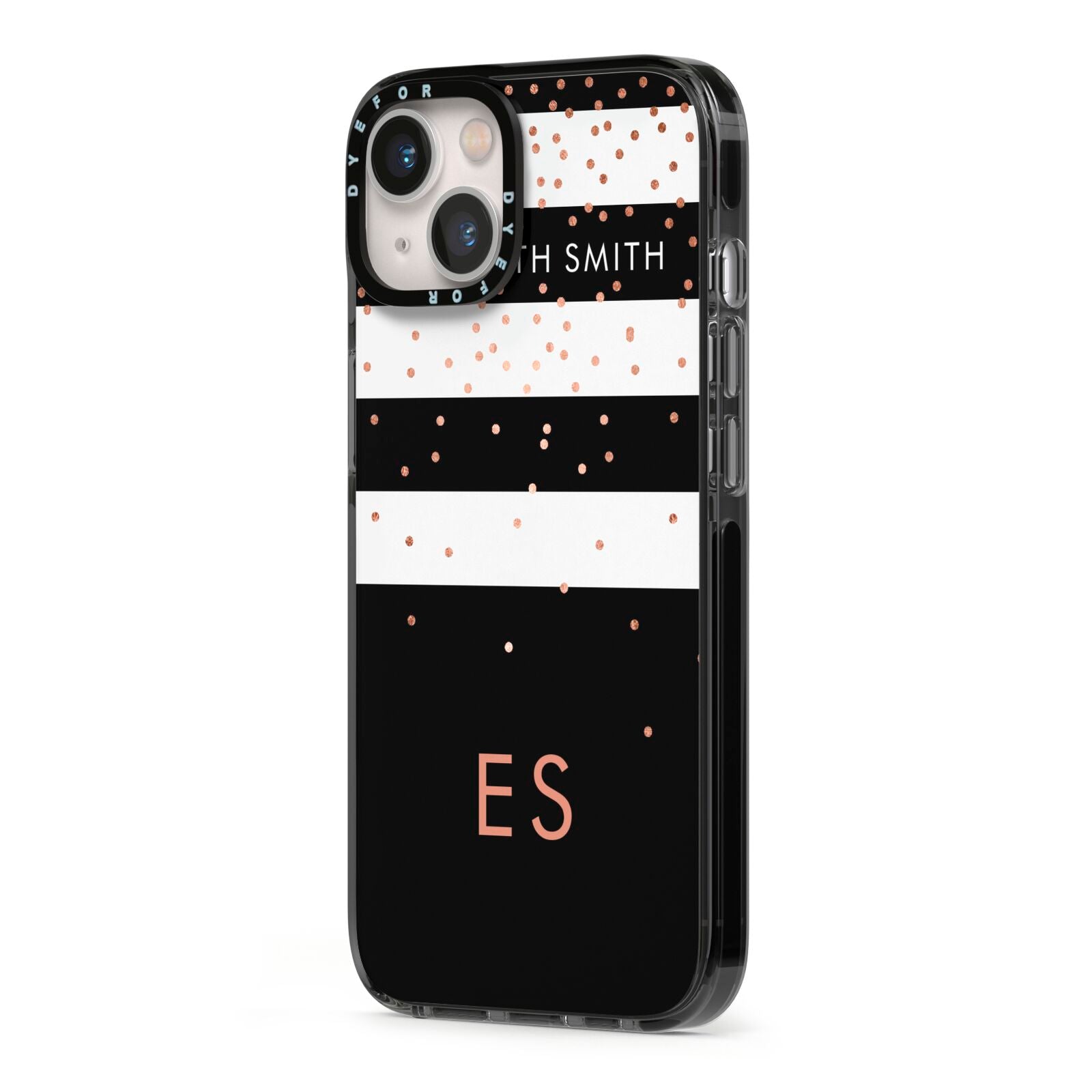 Personalised Black Striped Name Initials iPhone 13 Black Impact Case Side Angle on Silver phone