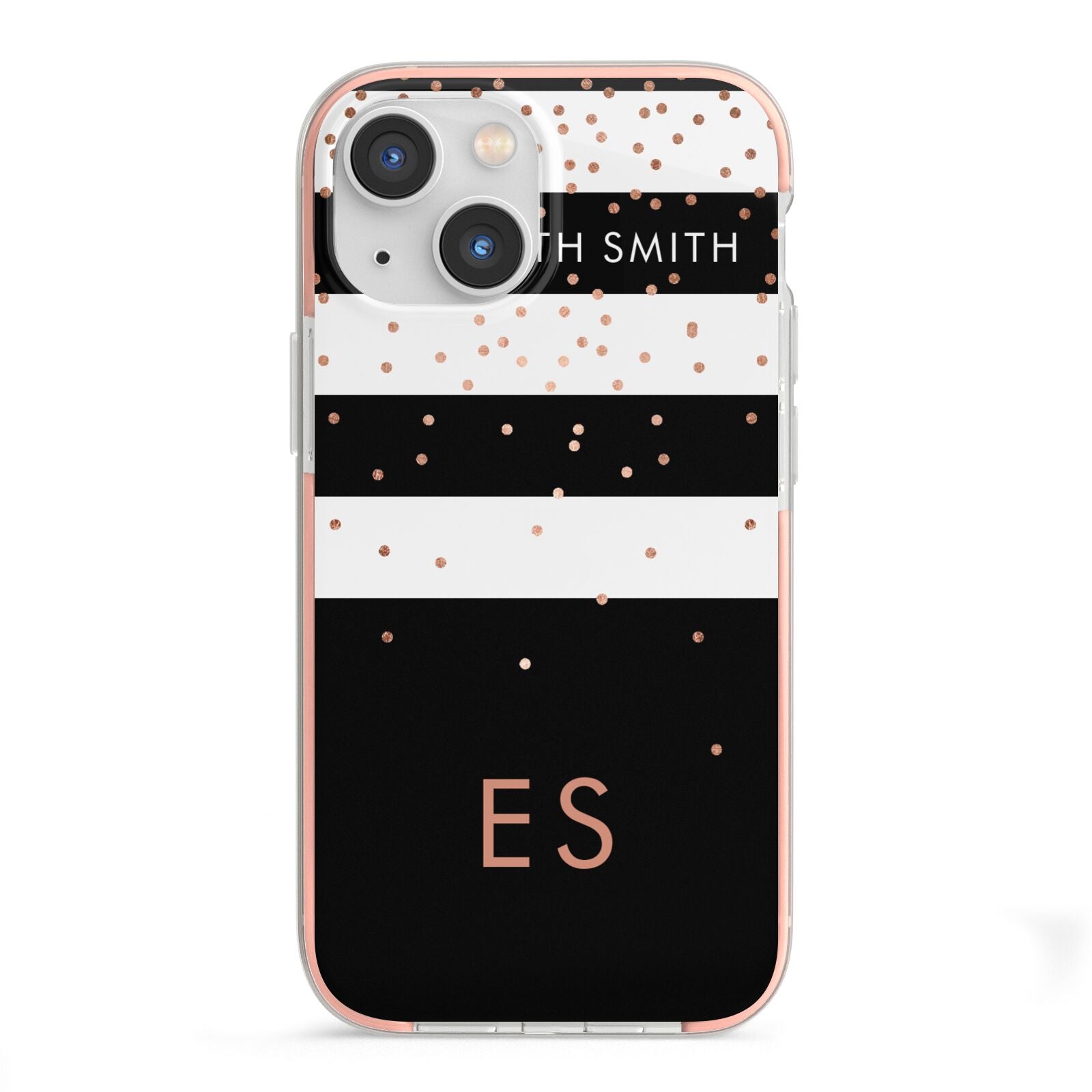 Personalised Black Striped Name Initials iPhone 13 Mini TPU Impact Case with Pink Edges