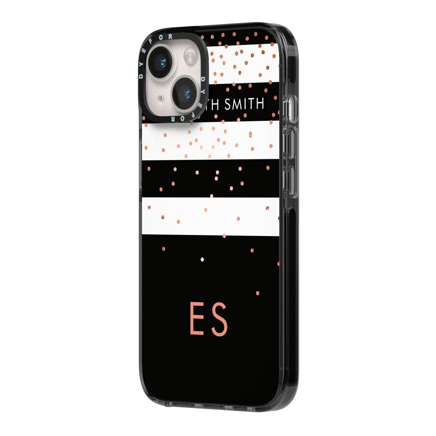 Personalised Black Striped Name Initials iPhone 14 Black Impact Case Side Angle on Silver phone