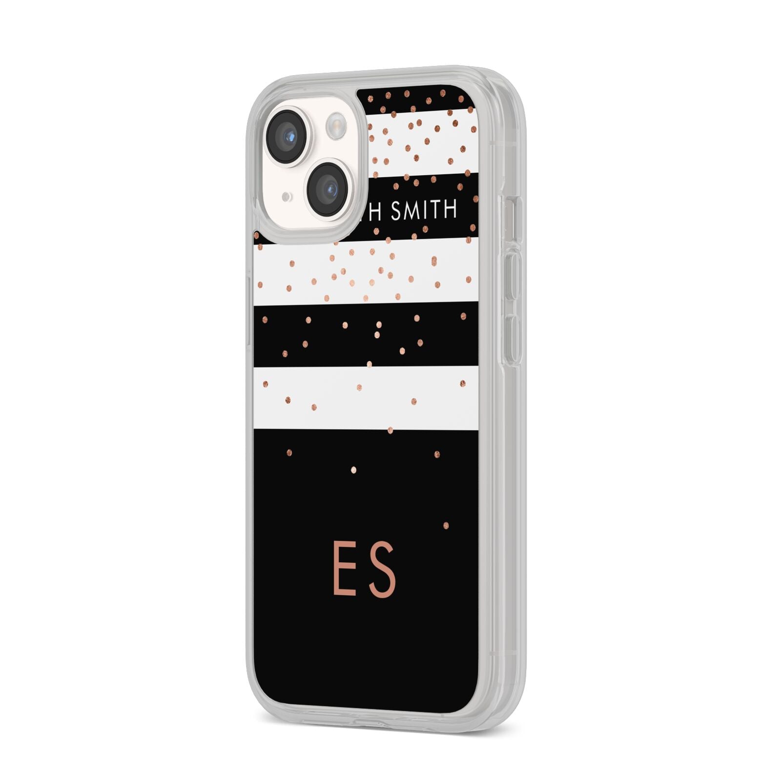 Personalised Black Striped Name Initials iPhone 14 Clear Tough Case Starlight Angled Image