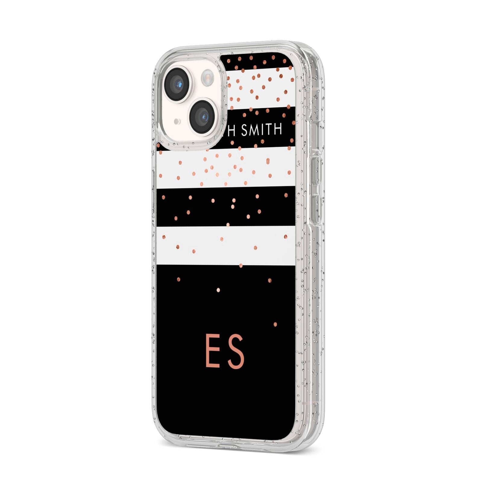 Personalised Black Striped Name Initials iPhone 14 Glitter Tough Case Starlight Angled Image