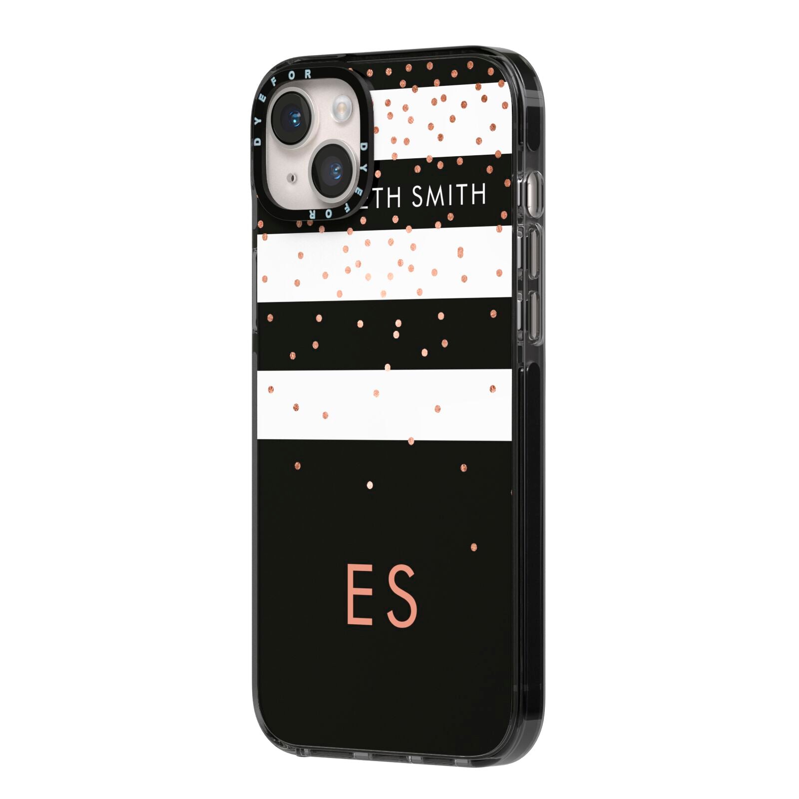 Personalised Black Striped Name Initials iPhone 14 Plus Black Impact Case Side Angle on Silver phone