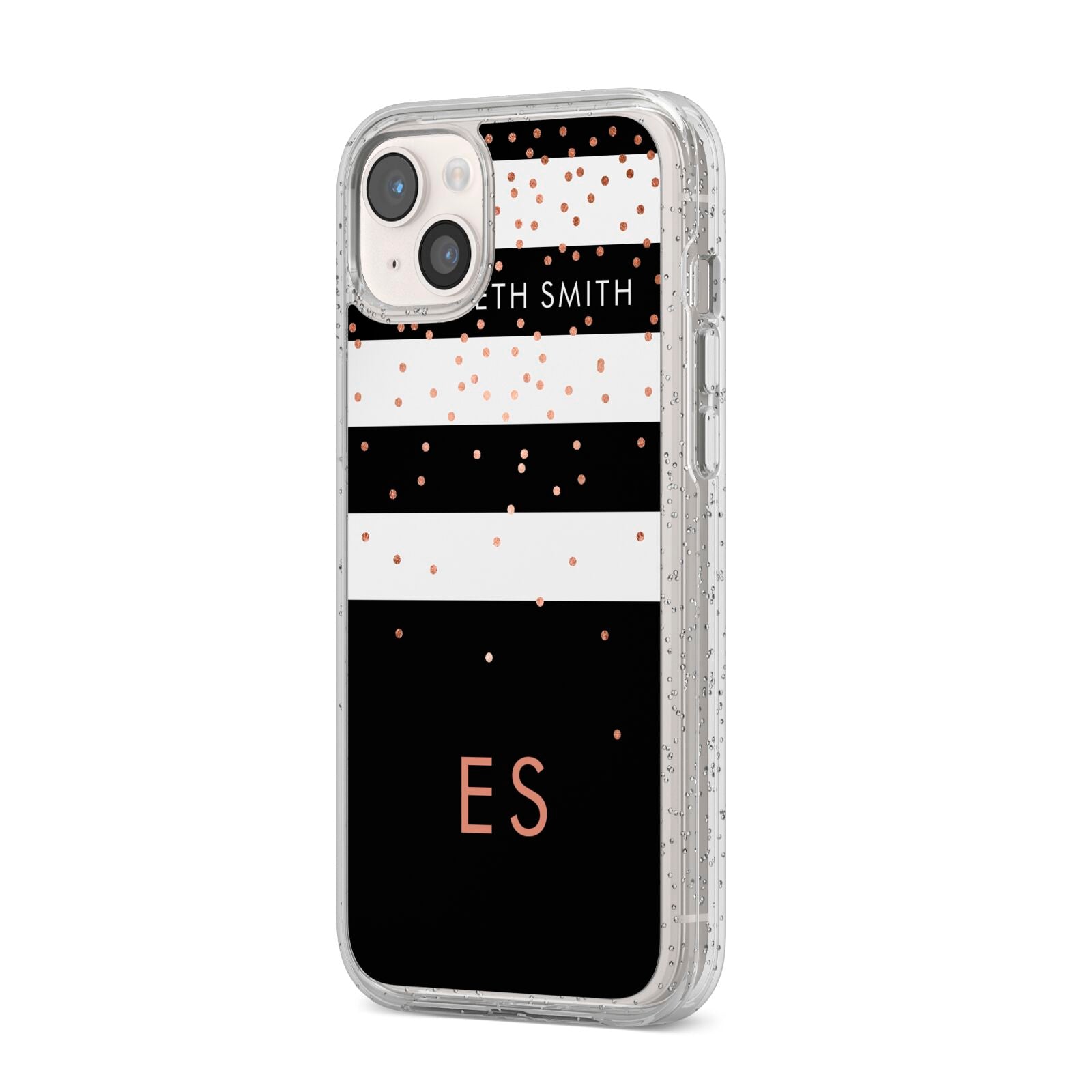 Personalised Black Striped Name Initials iPhone 14 Plus Glitter Tough Case Starlight Angled Image