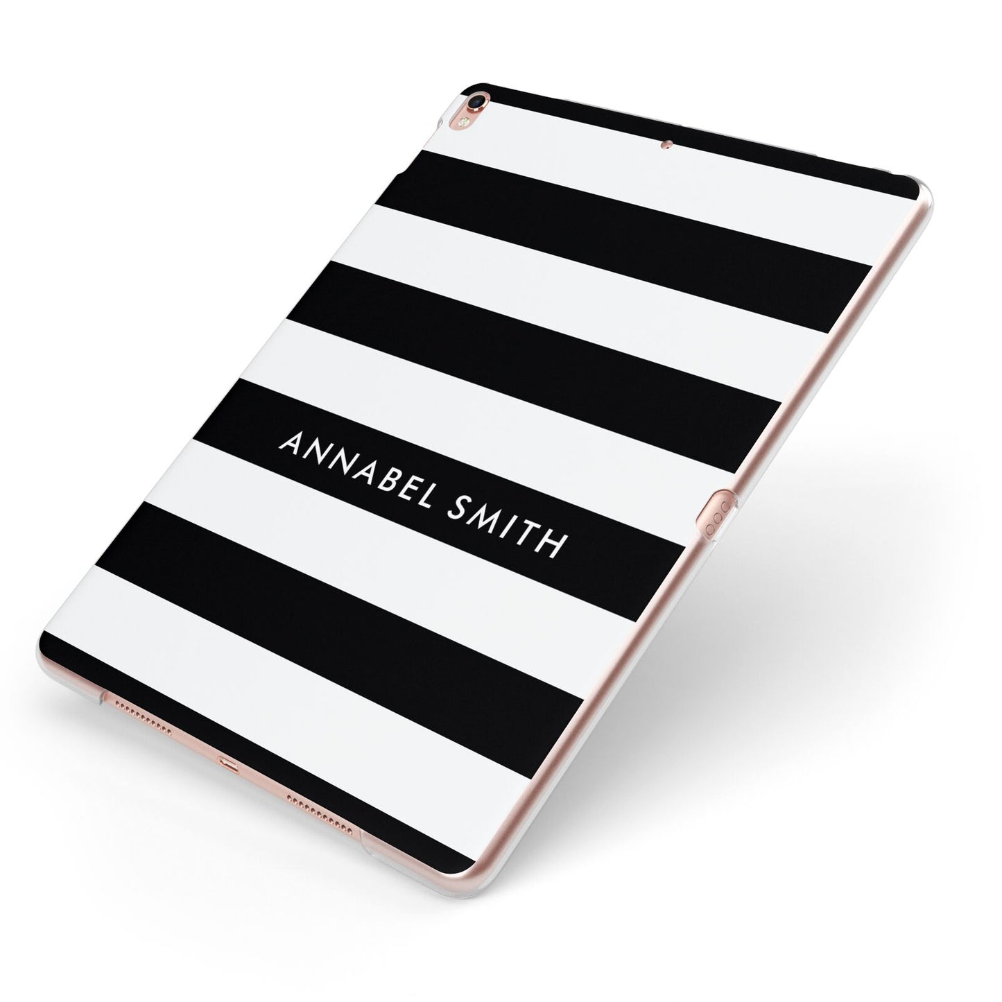 Personalised Black Striped Name or Initials Apple iPad Case on Rose Gold iPad Side View