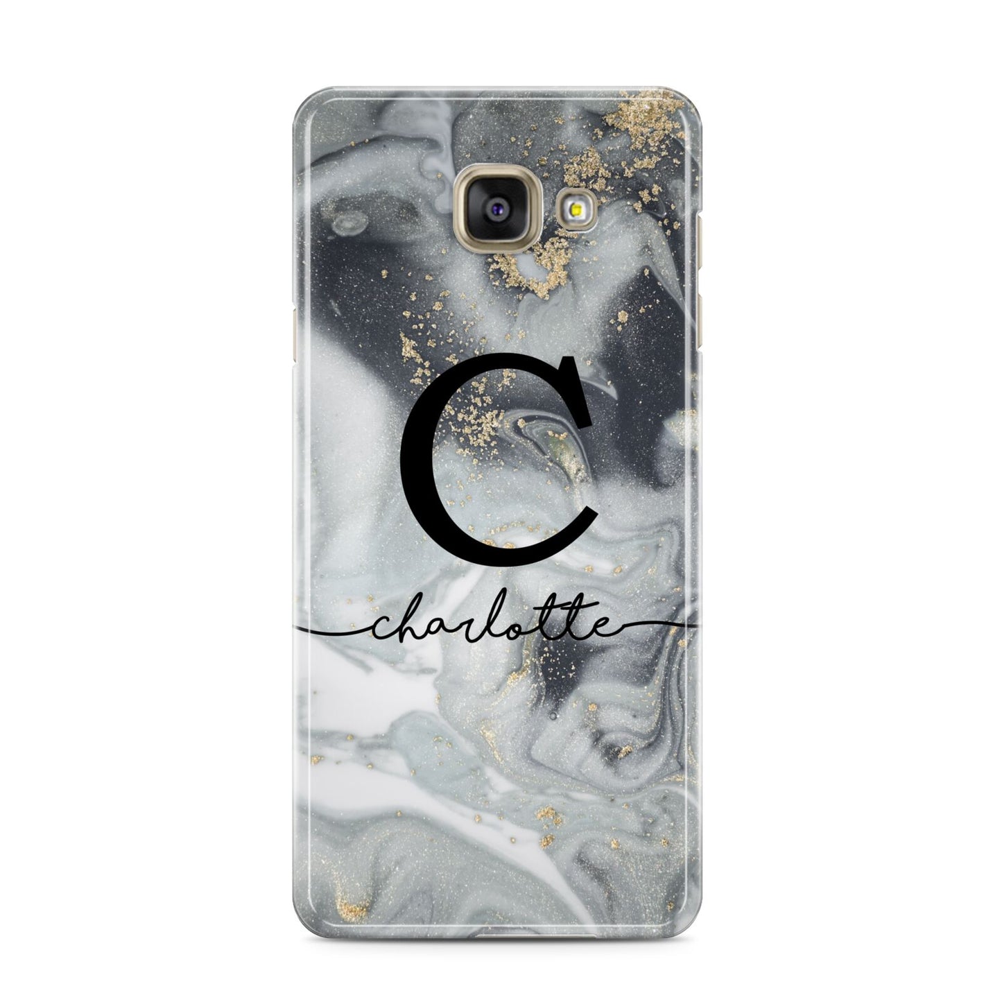 Personalised Black Swirl Marble Text Samsung Galaxy A3 2016 Case on gold phone