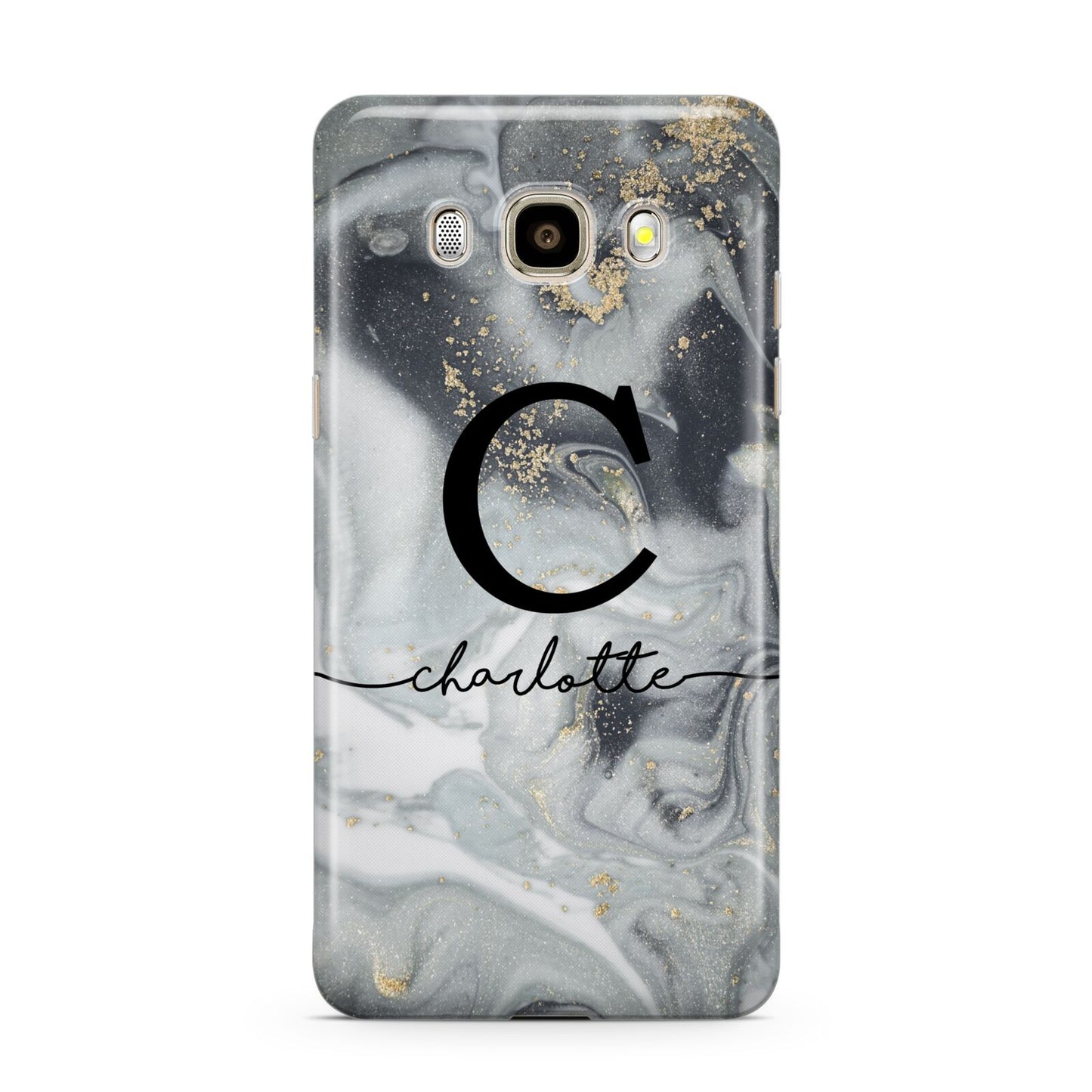 Personalised Black Swirl Marble Text Samsung Galaxy J7 2016 Case on gold phone