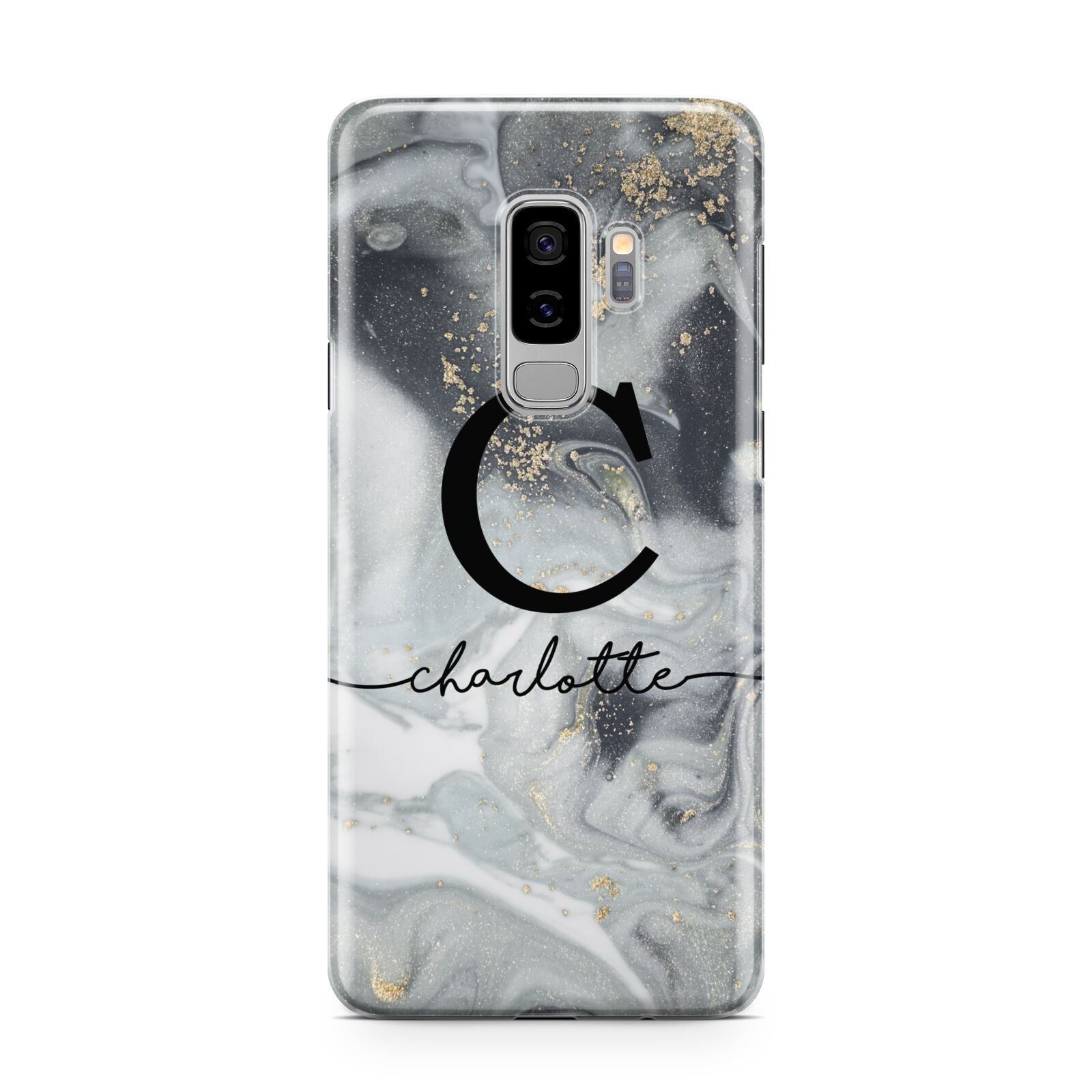 Personalised Black Swirl Marble Text Samsung Galaxy S9 Plus Case on Silver phone