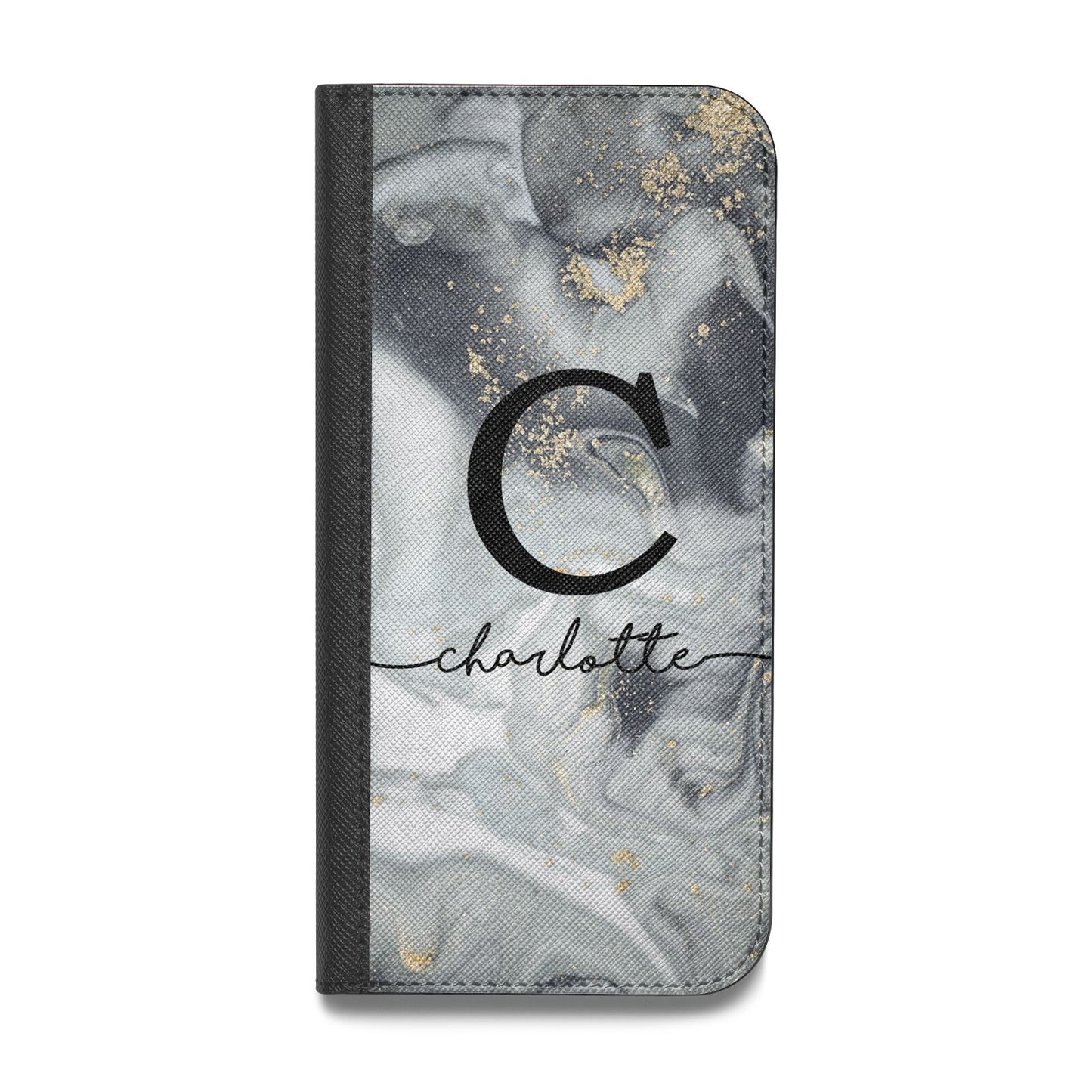 Personalised Black Swirl Marble Text Vegan Leather Flip iPhone Case