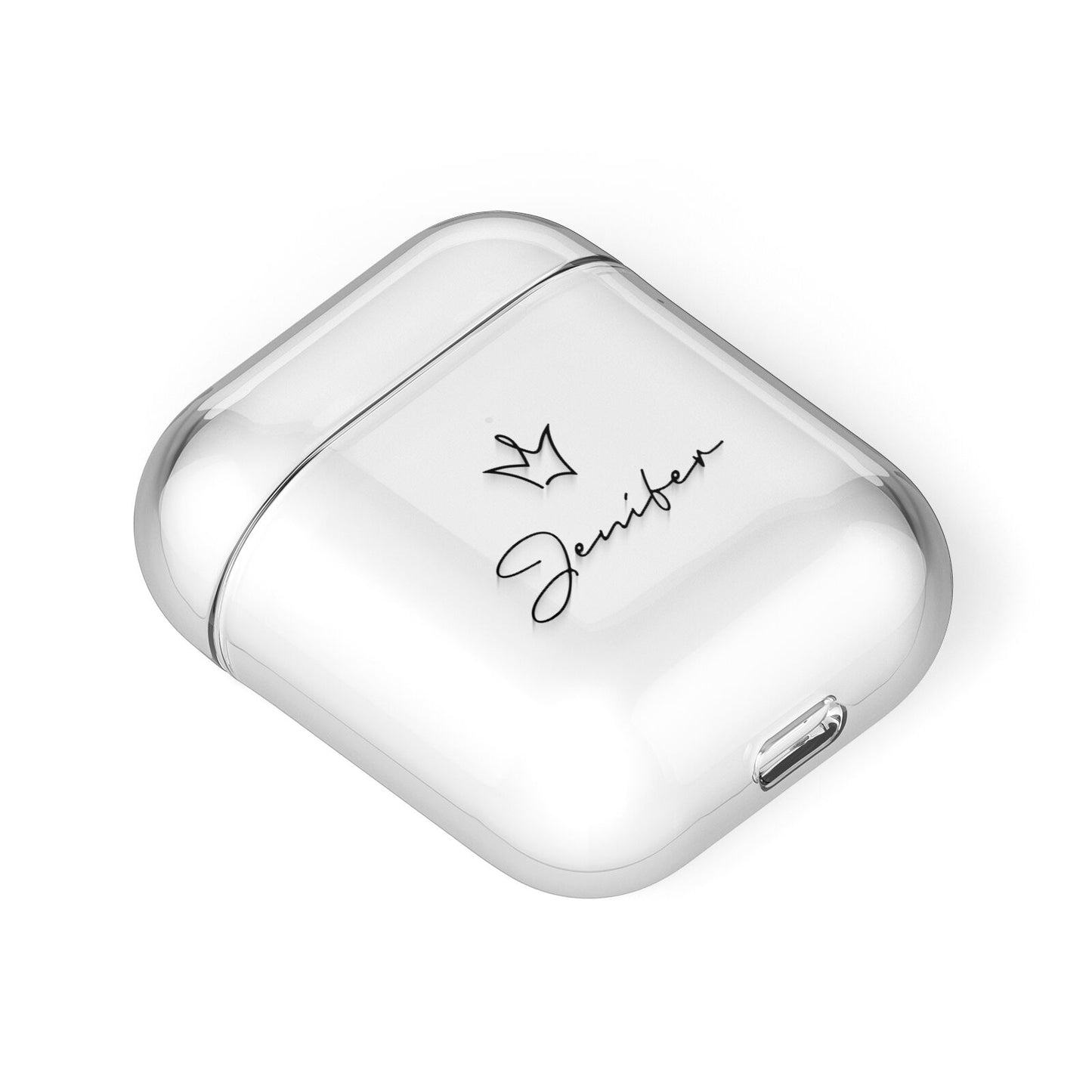 Personalised Black Text Transparent AirPods Case Laid Flat