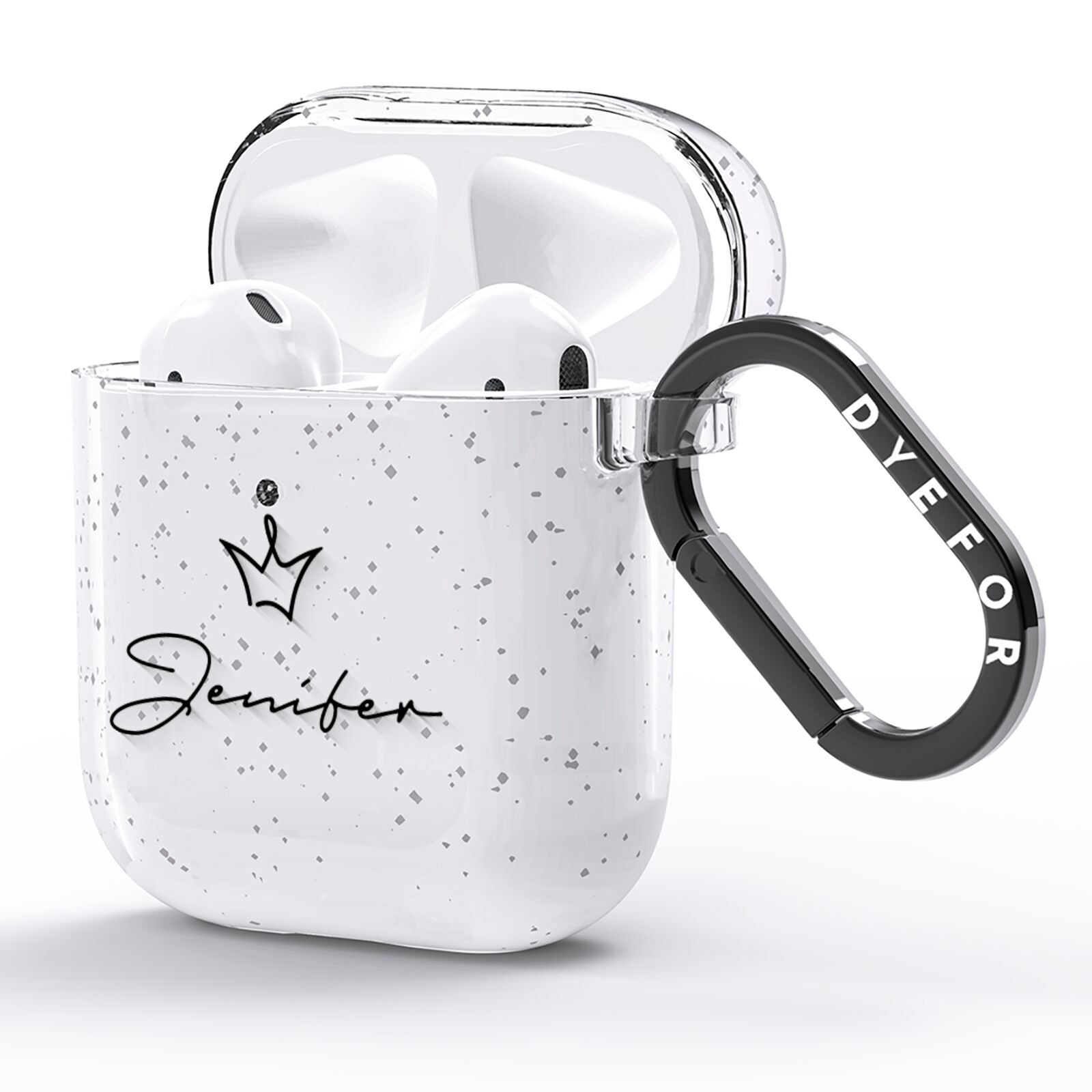 Personalised Black Text Transparent AirPods Glitter Case Side Image
