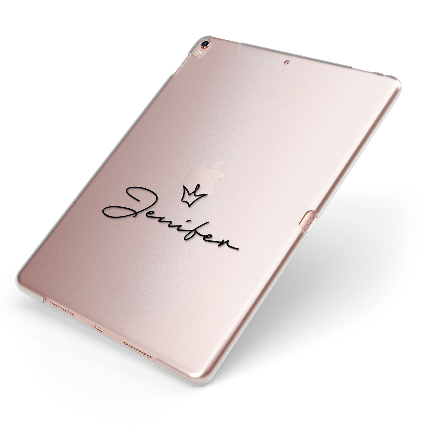 Personalised Black Text Transparent Apple iPad Case on Rose Gold iPad Side View