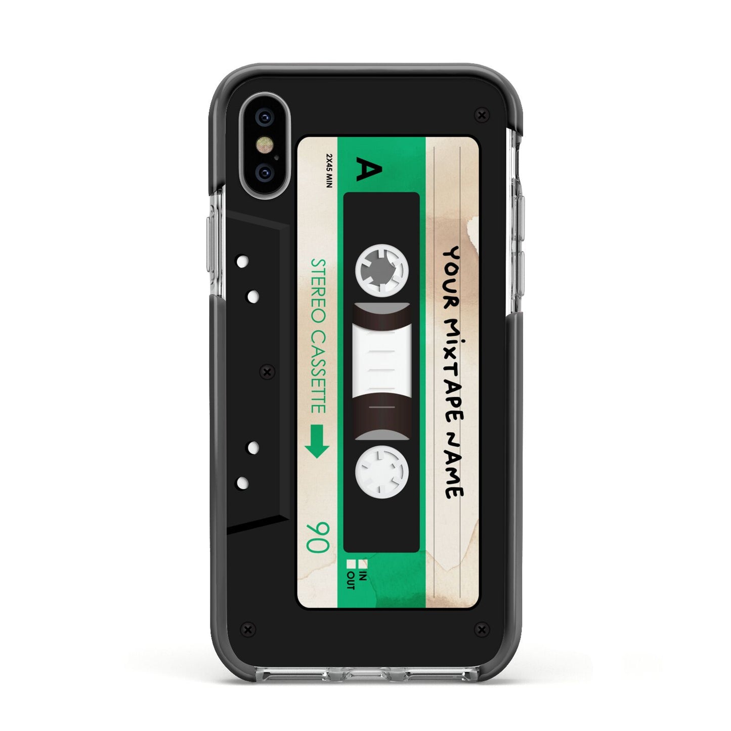 Personalised Black and Green Mixtape Apple iPhone Xs Impact Case Black Edge on Silver Phone