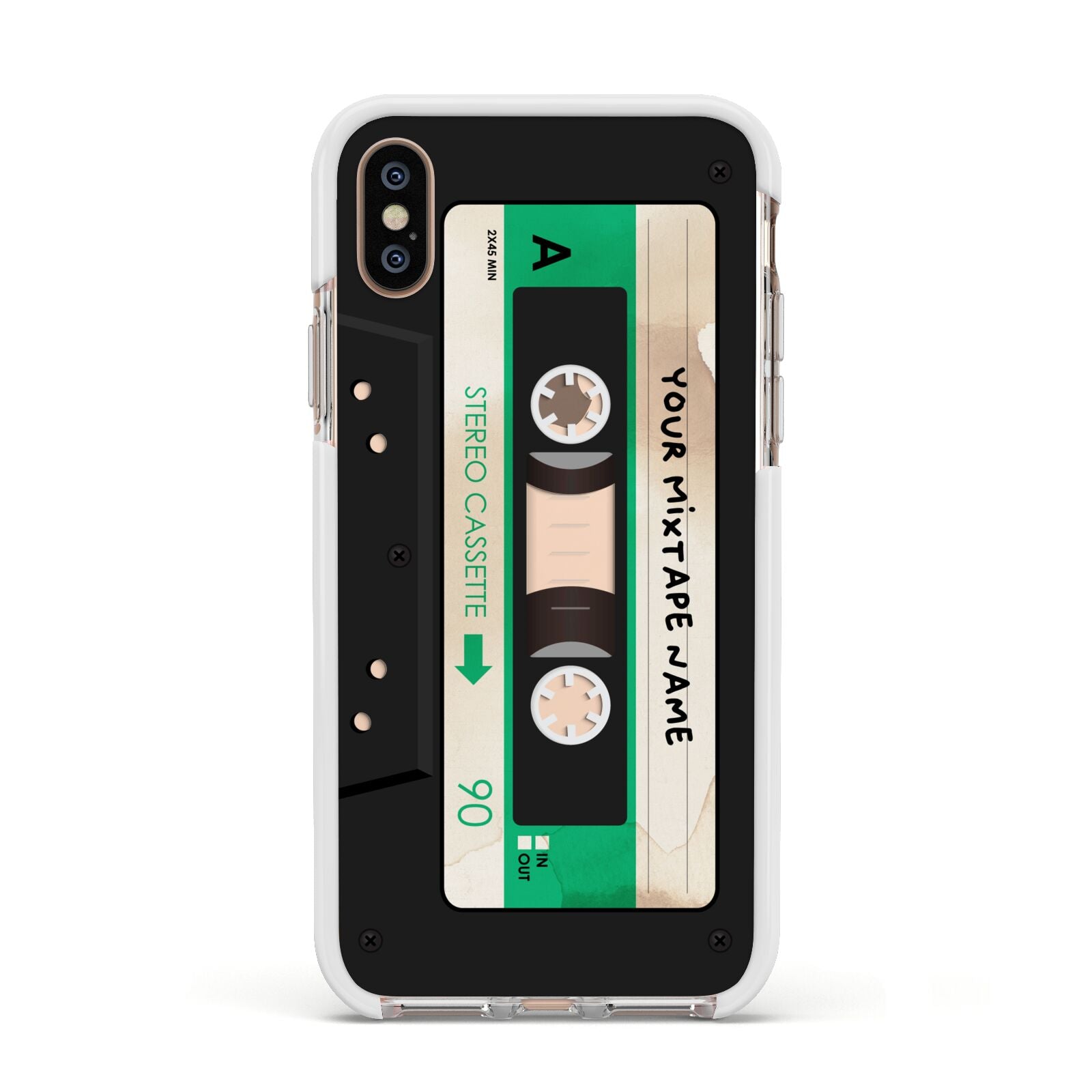 Personalised Black and Green Mixtape Apple iPhone Xs Impact Case White Edge on Gold Phone