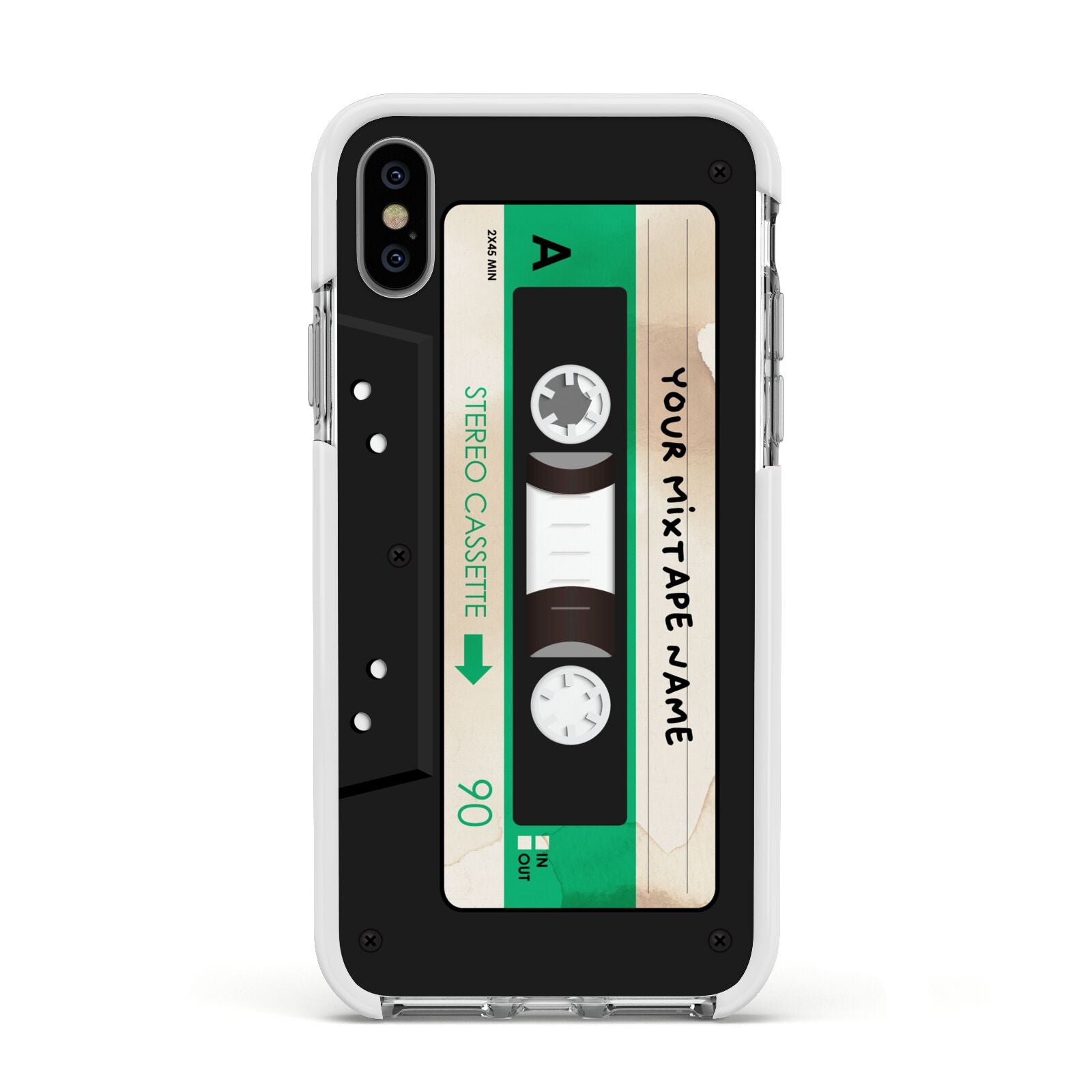 Personalised Black and Green Mixtape Apple iPhone Xs Impact Case White Edge on Silver Phone