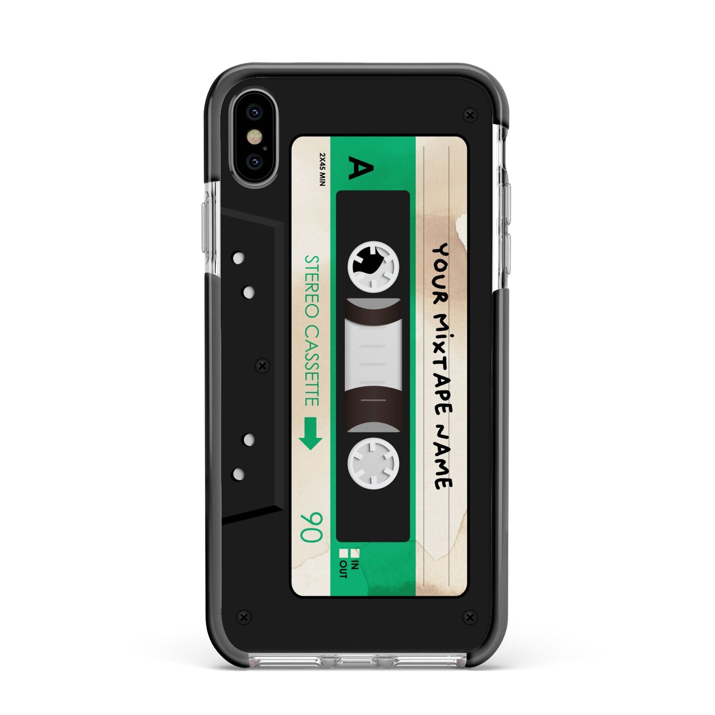 Personalised Black and Green Mixtape Apple iPhone Xs Max Impact Case Black Edge on Silver Phone