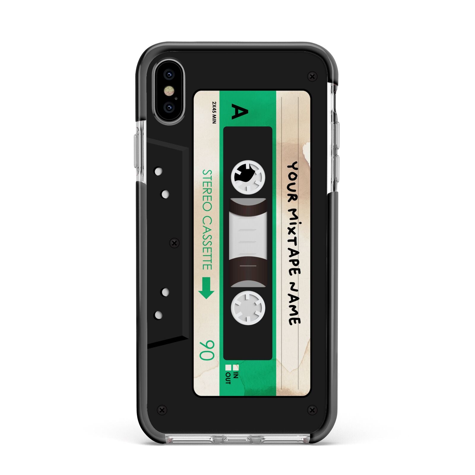 Personalised Black and Green Mixtape Apple iPhone Xs Max Impact Case Black Edge on Silver Phone