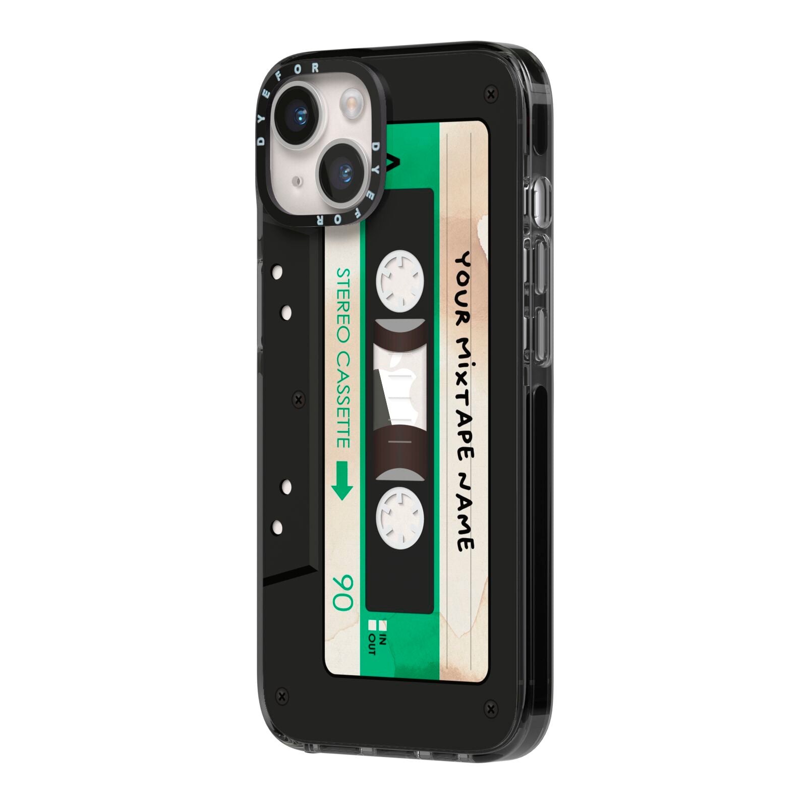 Personalised Black and Green Mixtape iPhone 14 Black Impact Case Side Angle on Silver phone