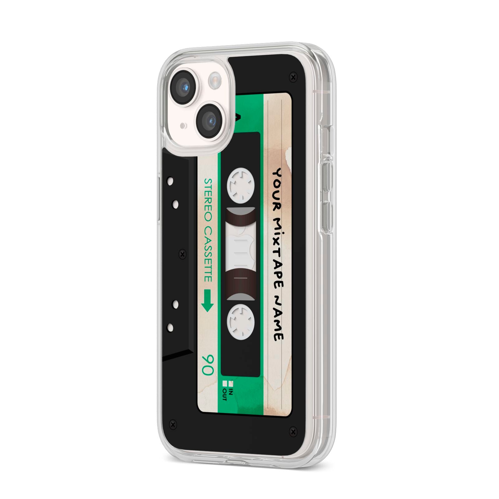 Personalised Black and Green Mixtape iPhone 14 Clear Tough Case Starlight Angled Image